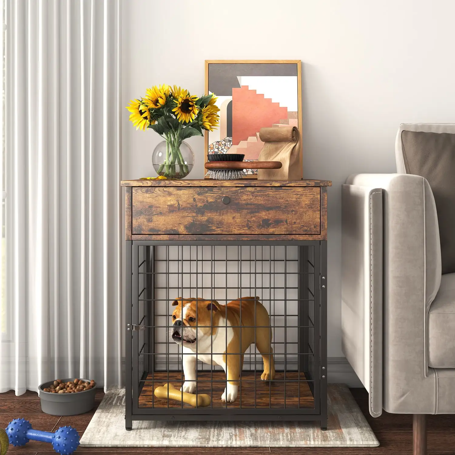 Wooden Dog Cage Pet Crate . Indoor Side Table Small Animal House/offee Table/Bedside Table with Table Top. Lockable Door. Brown