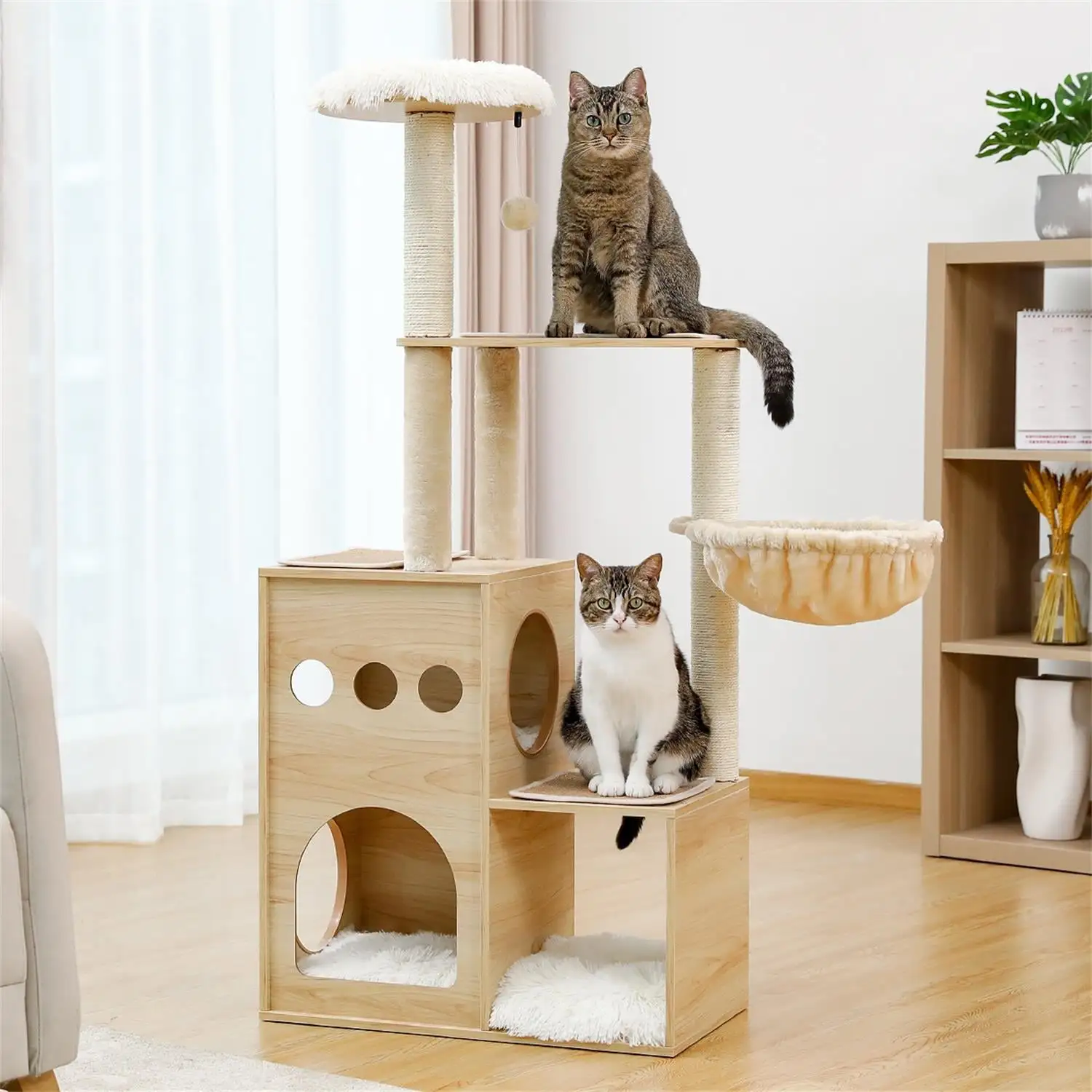 Pefilos 49 Inches Cat Tree Tower for Indoor Cats Wooden Multi-Level Cat Tower Cat Sky Castle with 2 Cozy Cat Condos. Perch. Spacious Hammock And Interactive Dangling Toys Ball. Beige