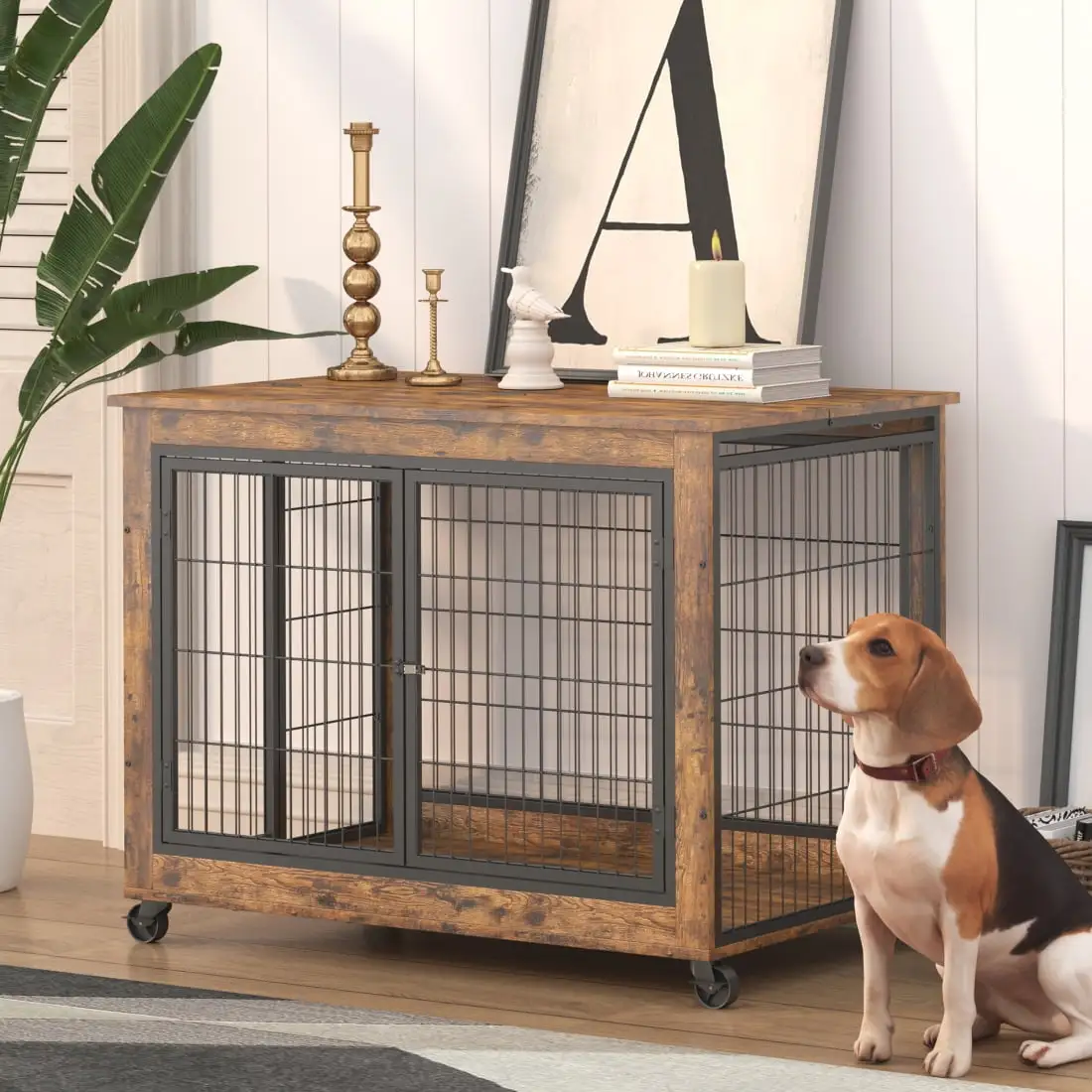 Gzxs Dog Crate Furniture. Decorative Dog Kennel. Wooden Pet Furniture with Flip Top. Home and Indoor Use. 3 Doors Modern Side End Table for Small/Medium/Large Dog. Rustic Brown. 38.6Lx25.2Wx27.17H