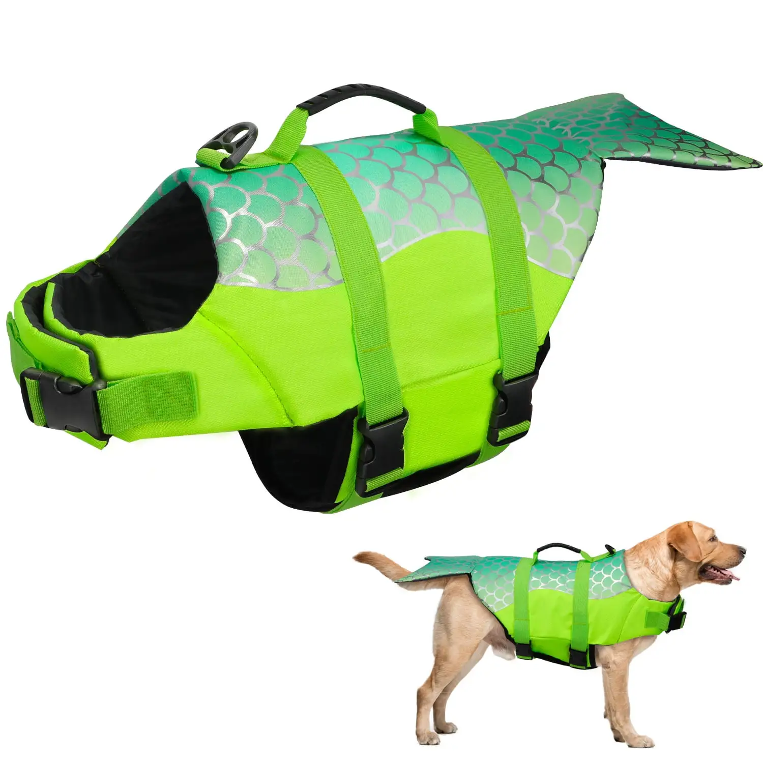 AUTOWT Mermaid Dog Life Jacket. Pet Vest Preserver with High Buoyancy and Tear-Resistant Rescue Handle for Swimming Boating Pool