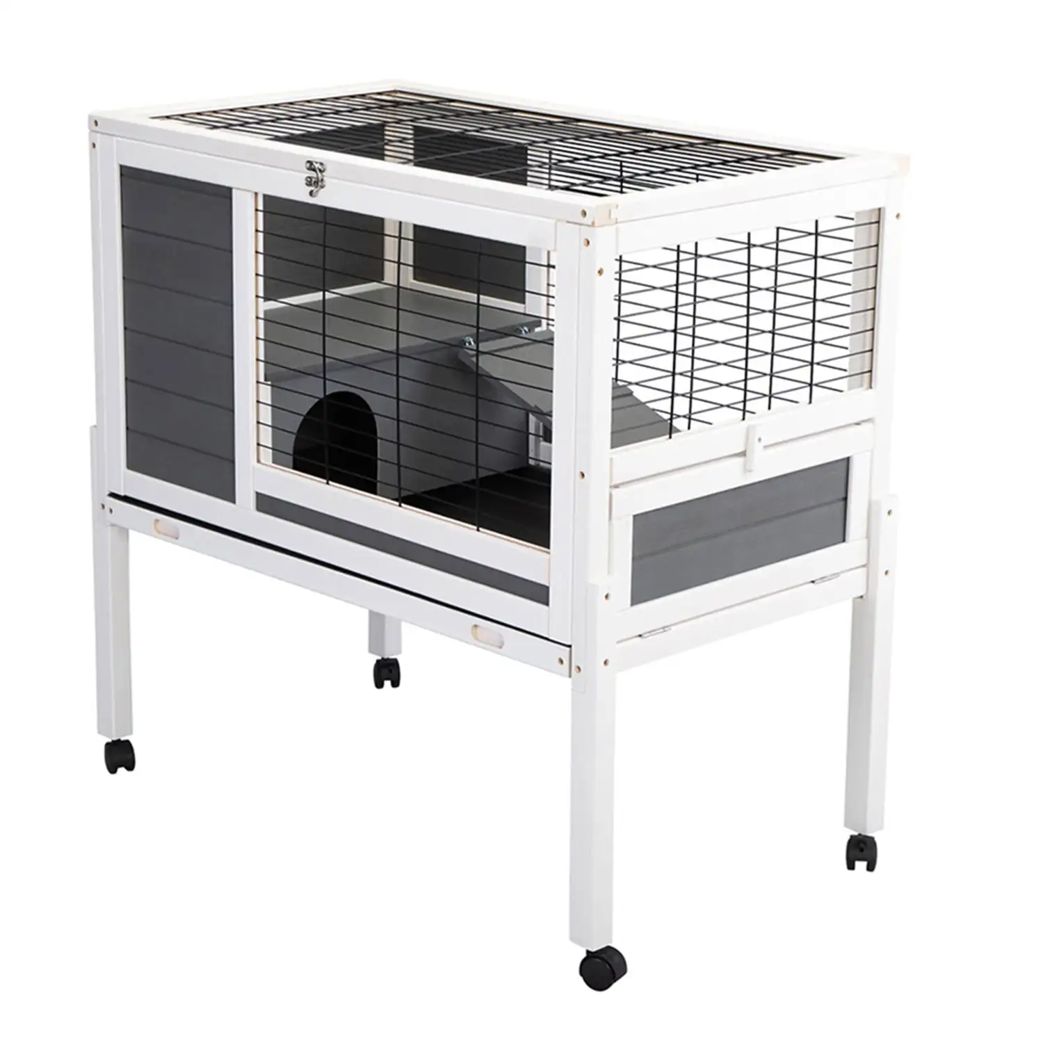 Pefilos Rabbit Hutch Indoor Outdoor Bunny House on Wheels Bunny Cage. Gray