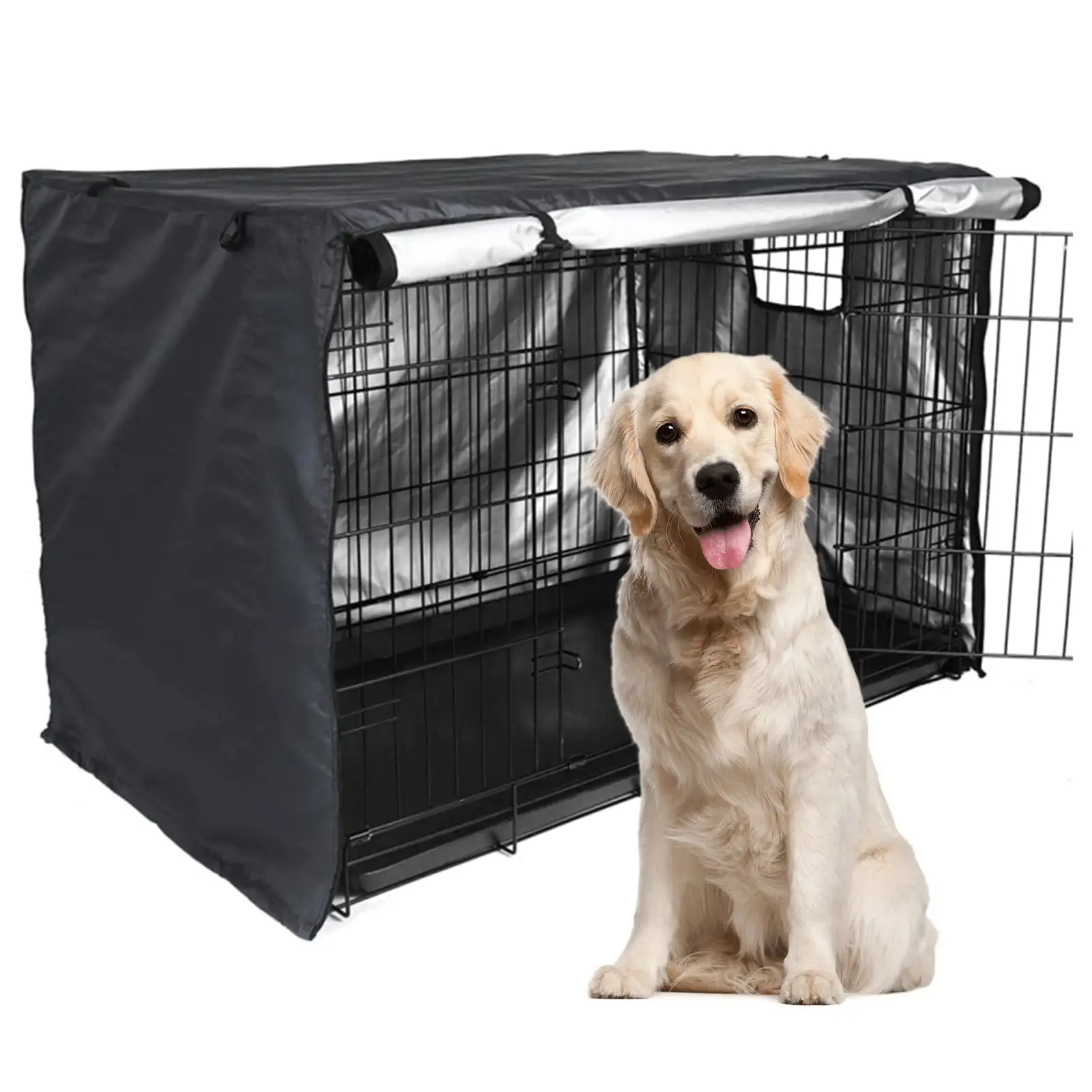 rygai Pet Cover Sunshade Breathable Good Ventilation Waterproof Oxford Cloth Double Door Dog Crate Cover Pet Supply.Black.XL