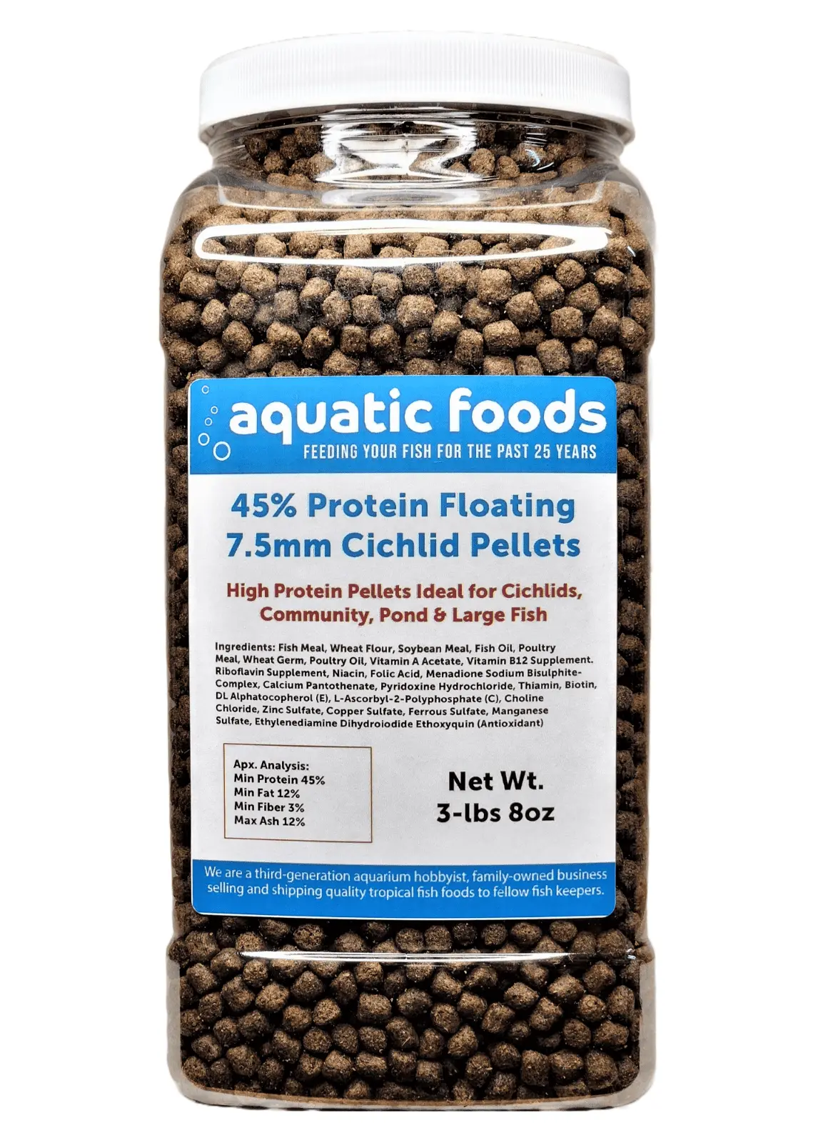 Cichlid Pellets. 45% Protein Floating 7.5mm ( 5/16) Pellets for Larger Oscars. Central American. South American Cichlids ??3-lb 8oz Lg Jar