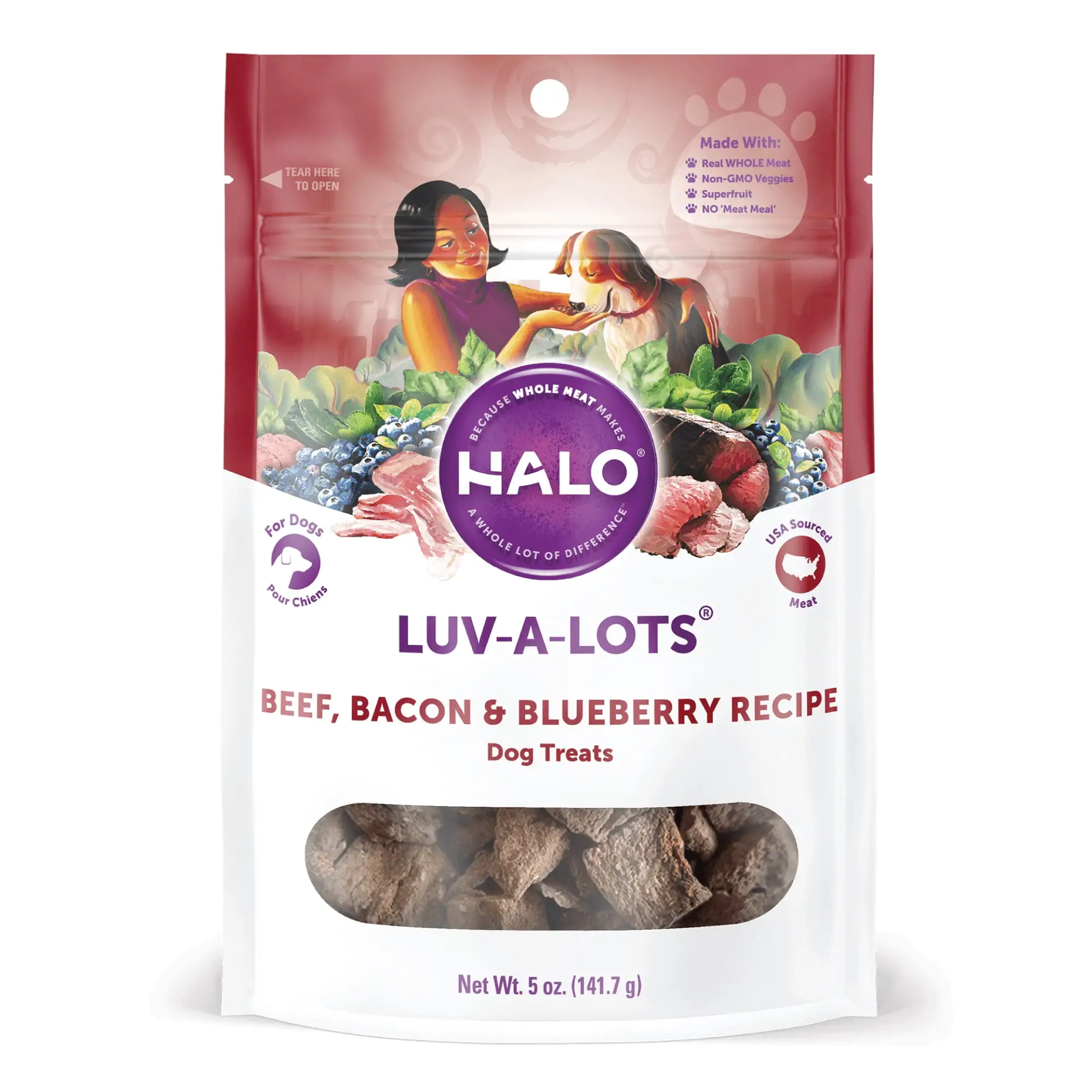 Halo Luv-A-Lots Grain Free Natural Crunchy Dog Treats. Beef. Bacon & Blueberry Recipe. 5 Oz. Bag