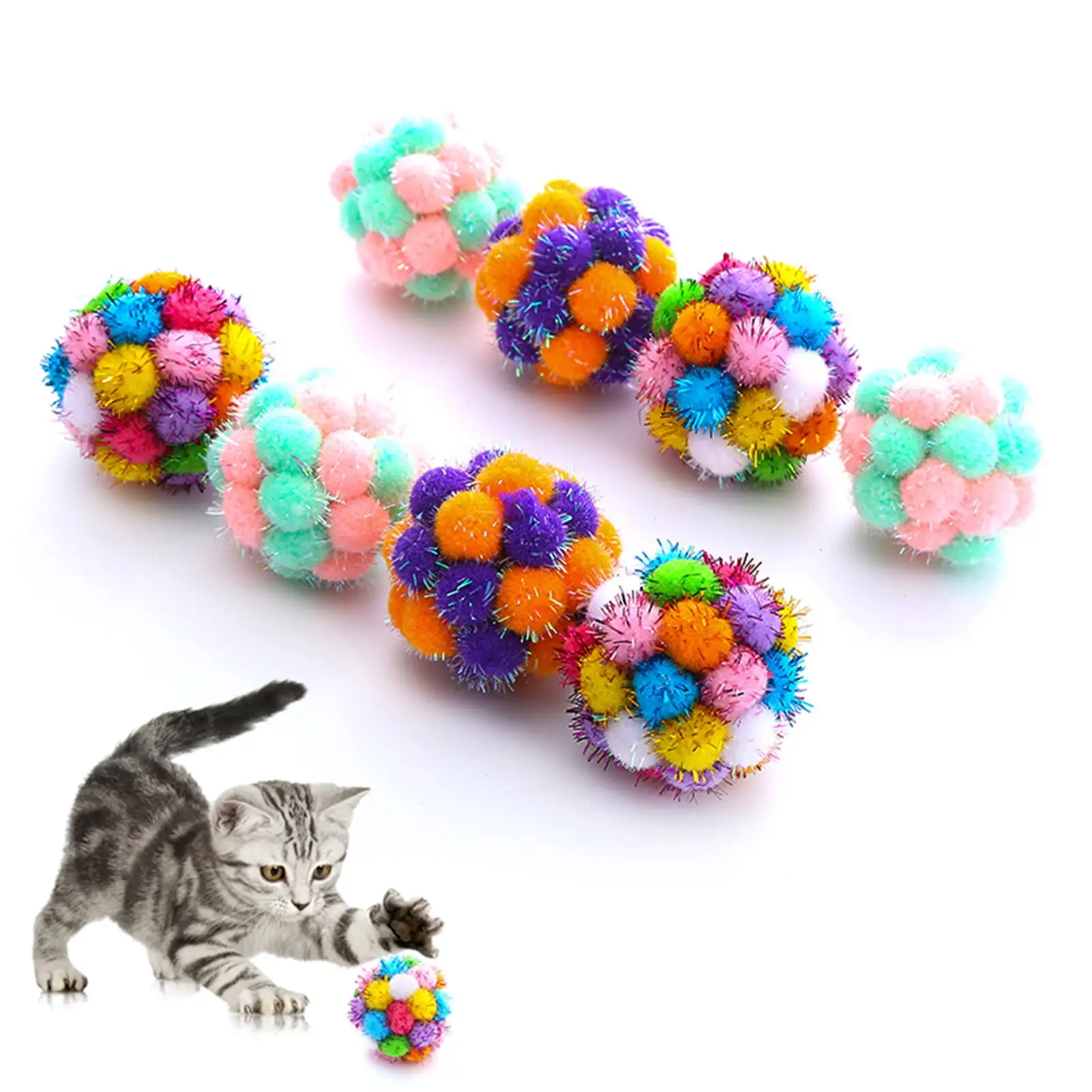 Walbest Cat Toy Balls with Bell. Colorful Soft Fuzzy Balls Built-in Bell for Cats. Chewing Toys Interactive Cat Toys for Indoor Cats and Kittens