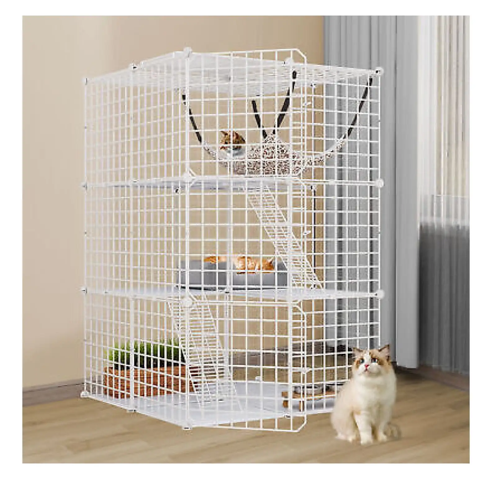 1-2 Cats Cage Indoor Cat Enclosures Cat Playpen Metal Kennel w/ Large Hammock