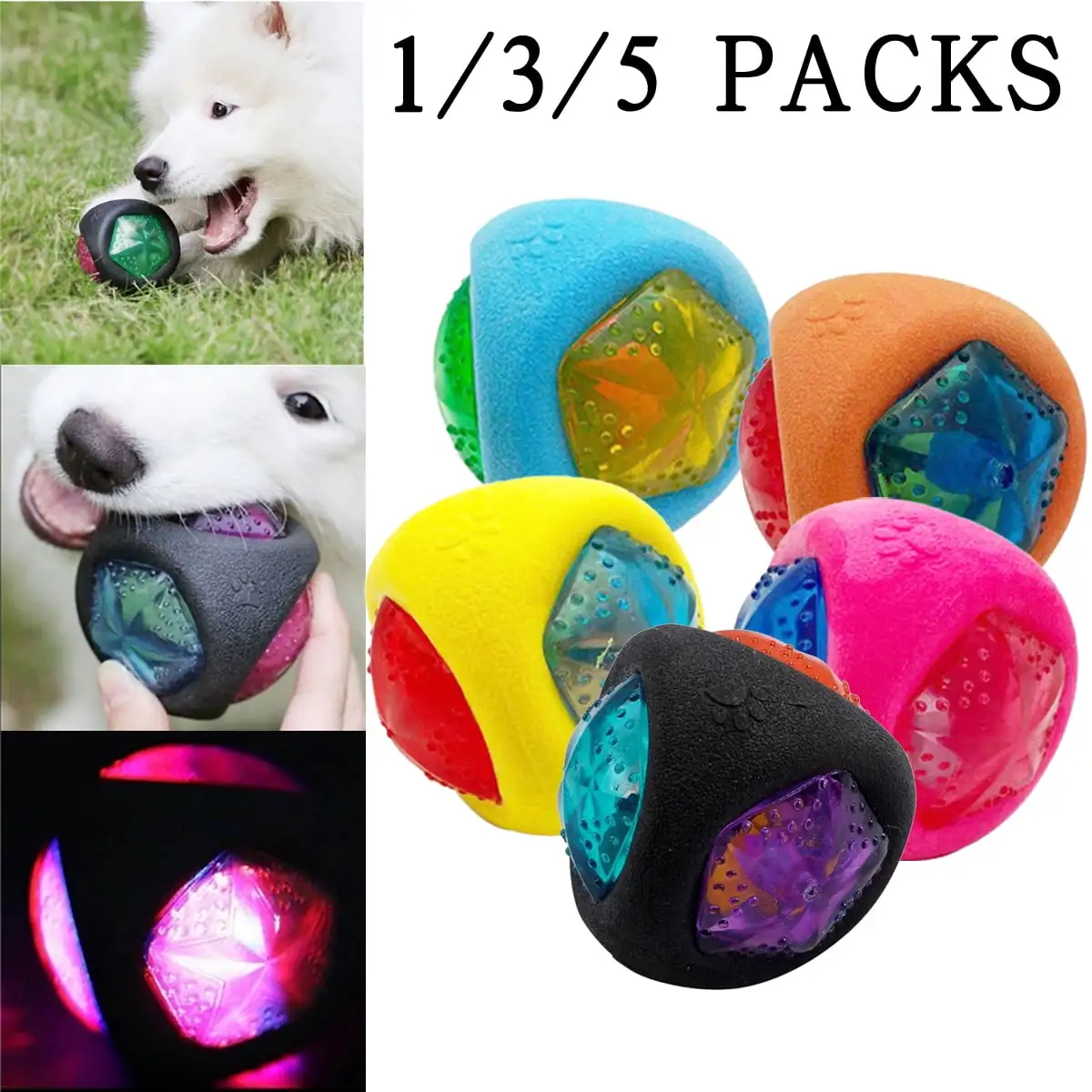 1/3/5 Pack Multicolor Flash LED Glowing Interactive Ball. Flashing Bungee Ball. Squeaky Toy. Bounce Activated Pet Toy. Light Up Ball for Dogs and Puppies