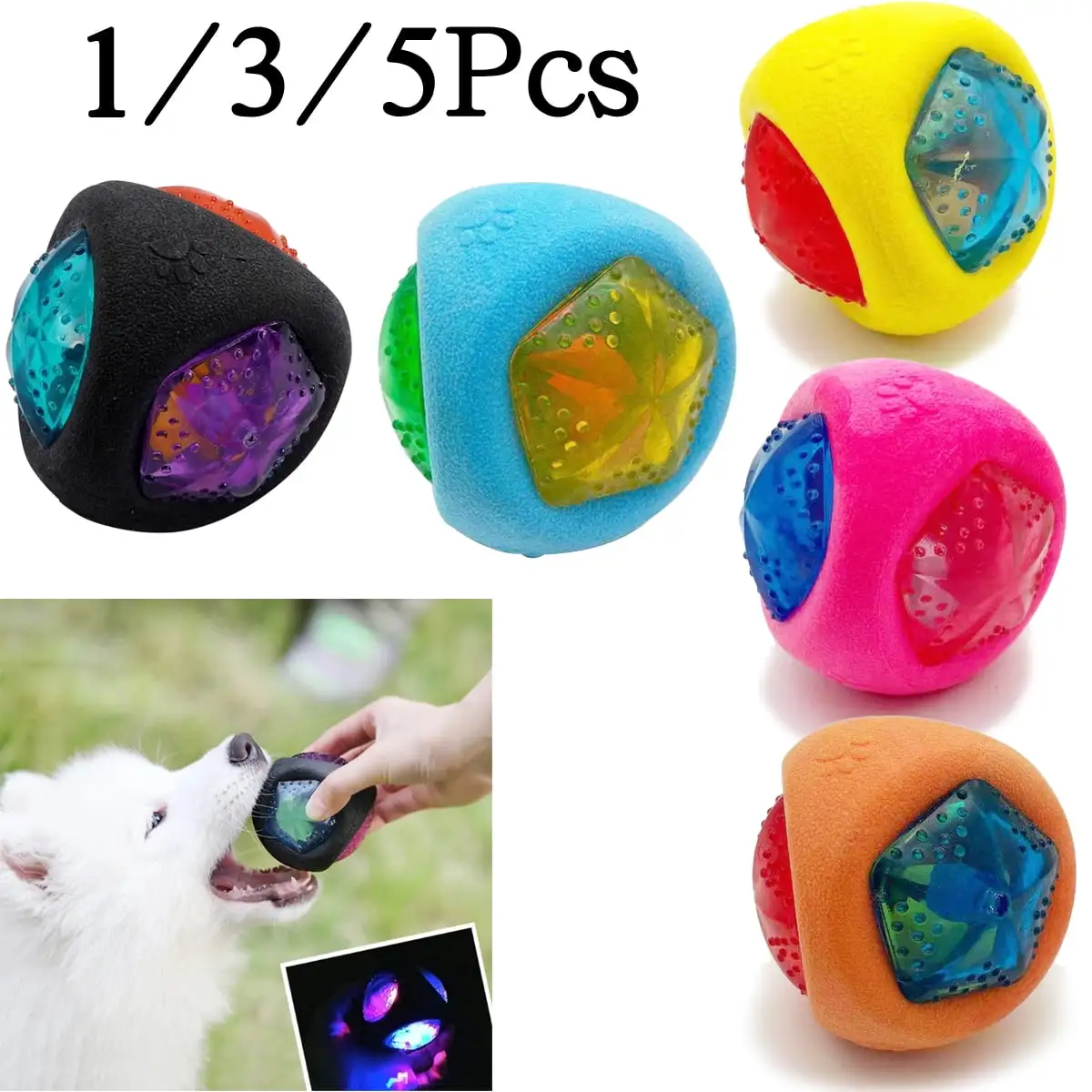 1/3/5 Packs Luminous Rubber Ball Dog Bite-Resistant Interactive Training Toy LED Light Glow Ball Pet Toys