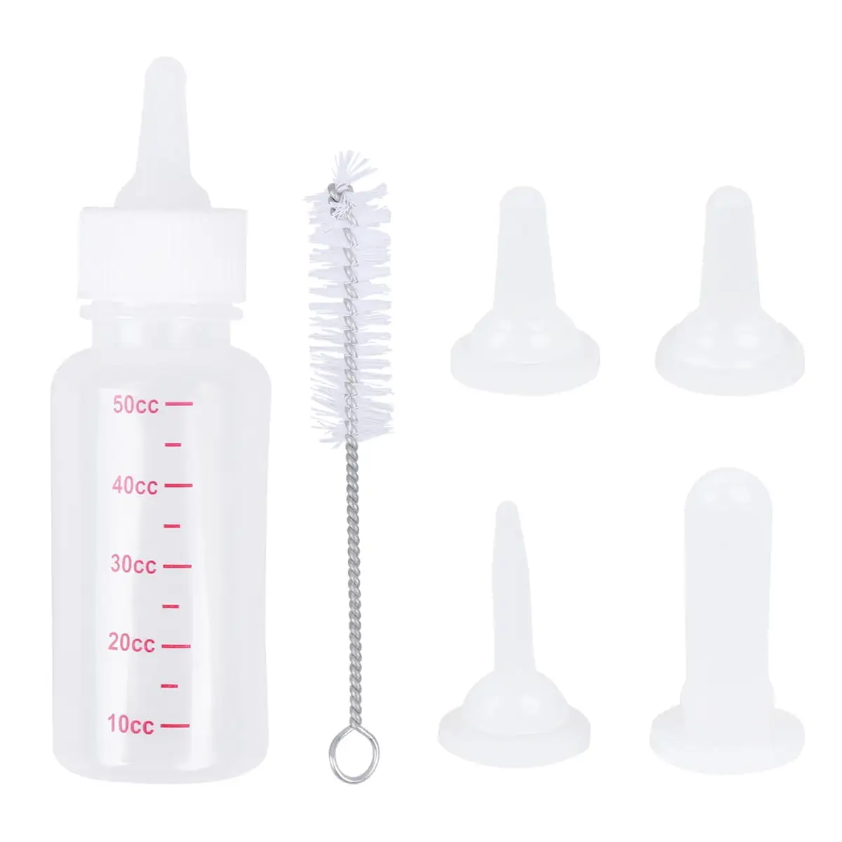 1 Set 50ml Pet Transparent Nursing Bottle Dog Cat Feeding Bottle Milk Feeder Pet Supplies with 4 Pcs Replacement Bottle Mouth and 1 Pc Cleaning Brush (White)