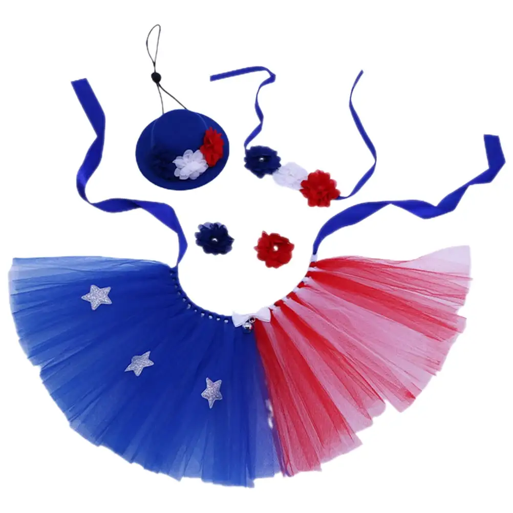 1 Set Independence Day Pet Costume Cat Dog Patriotic Hat Skirt Neckerchief Wristband