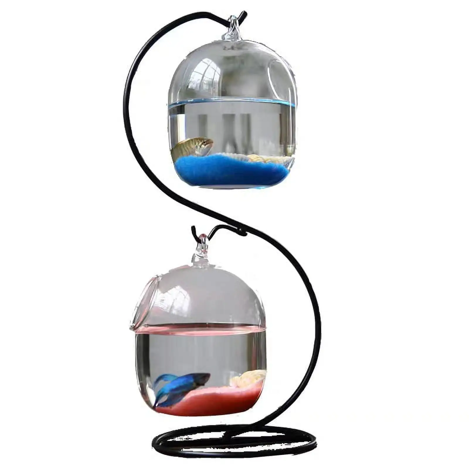 1 Set Tabletop Hanging Glass Fish Tank Mini Table Aquarium Glass Betta Fish Bowl Clear Fish Tank with Iron Stand