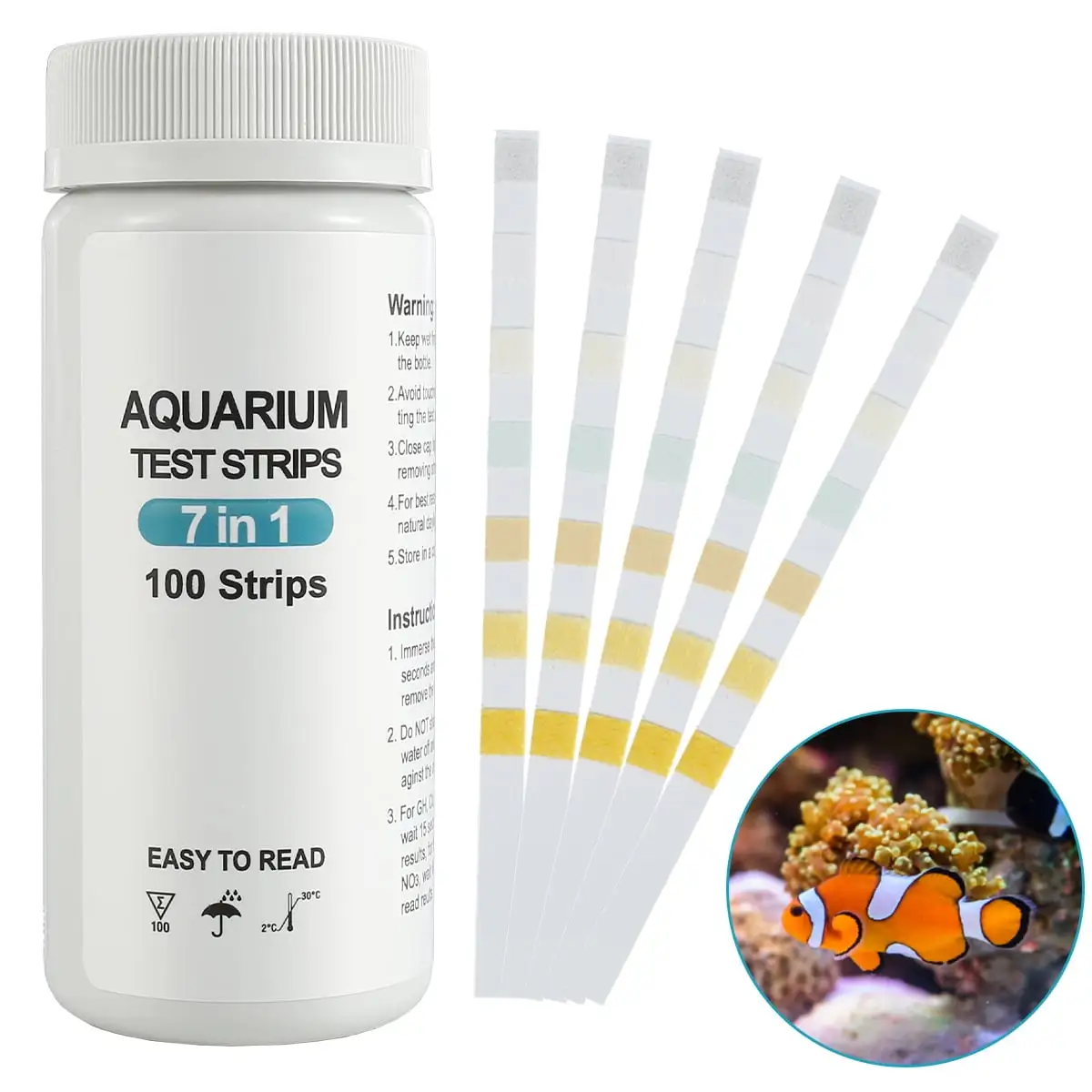 100Pcs Aquarium Test Strips 7 in 1 Fish Tank Test Kit Freshwater Saltwater Aquarium Water pH Test Strips Kit for Total Hardness Nitrate Nitrite Free Chlorine Carbonate pH Value Total Alkali