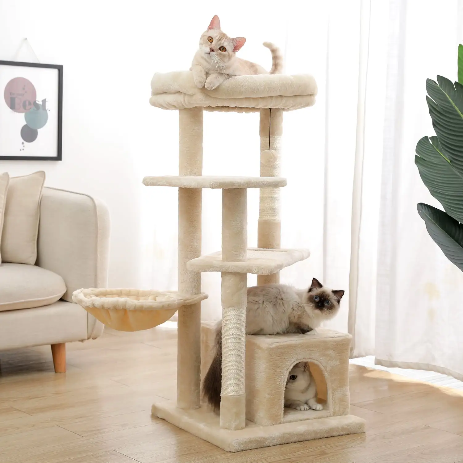 Pefilos 44 Inches Multi-Level Cat Tree Cat Tower Cat Condo Sisal Scratching Posts with Jump Platform Top Perch. Hammock and Dangling Ball Cat Furniture Activity Center Play House. Beige