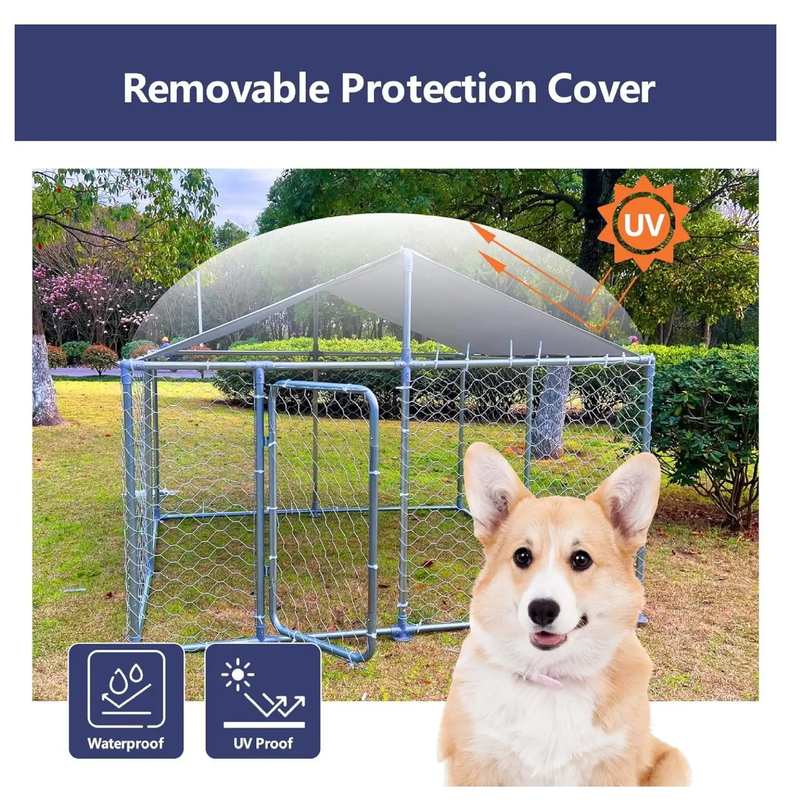 10x10 Outdoor Dog Kennel Heavy Duty Outdoor Fence Dog Run. Anti-Rust Dog Cage with Waterproof UV-Resistant Cover and Updated Secure Lock(120 Lx120 Wx84 H)