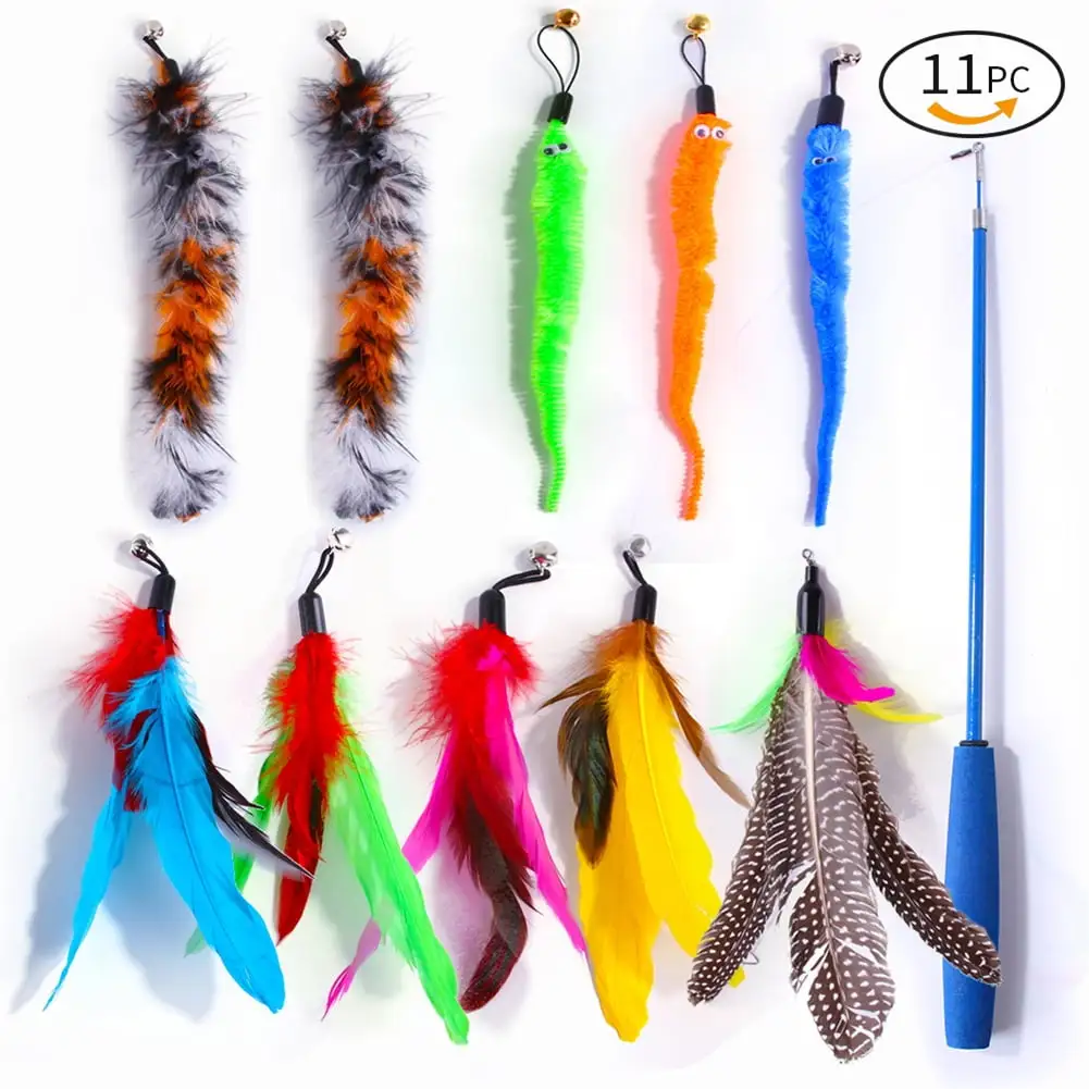 11 Pcs Cat Teaser Stick Caterpillar Feather Replacement Head Pet Set Retractable Fishing Rod Cat Toys