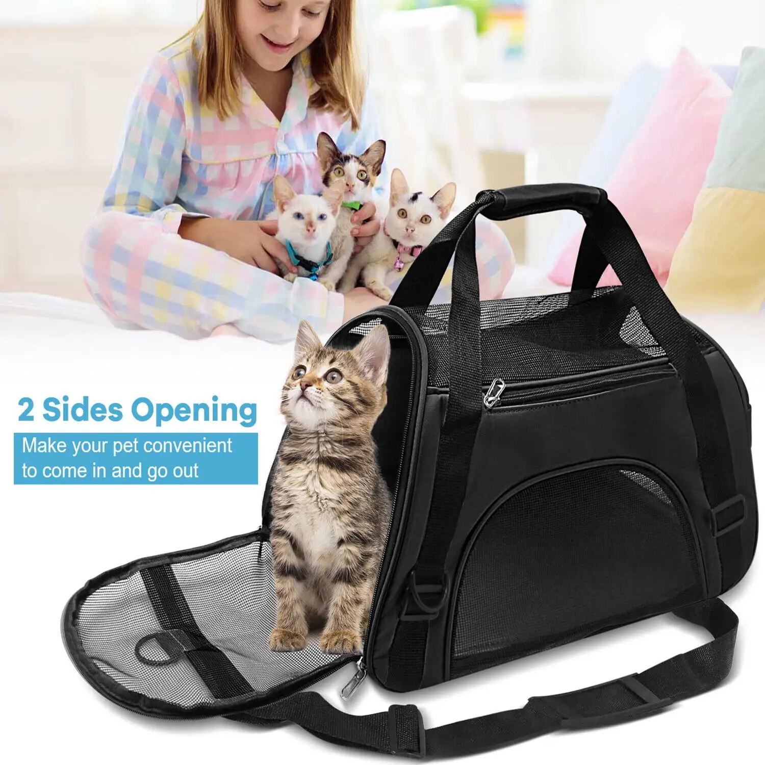 Cat Carrier. Pet Carrier for Medium Cats 11bs. Dog Carrier for Small Dogs. Collapsible Cat Bag Carrier for Travel & Car. Black