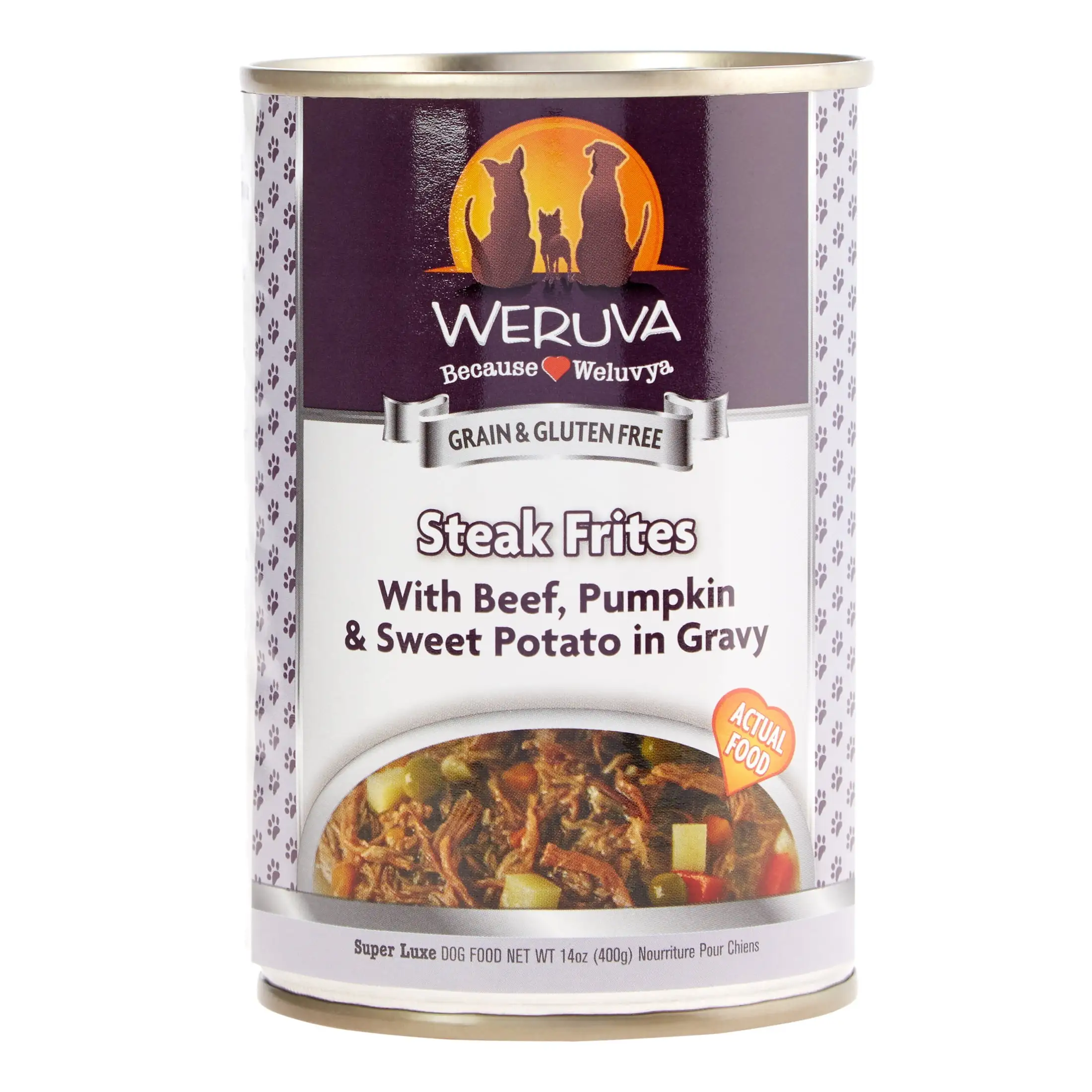 (12 Pack) Weruva Human Style Steak Frites with Beef. Pumpkin. & Sweet Potato Grain-Free Wet Dog Food. 14 oz. Cans