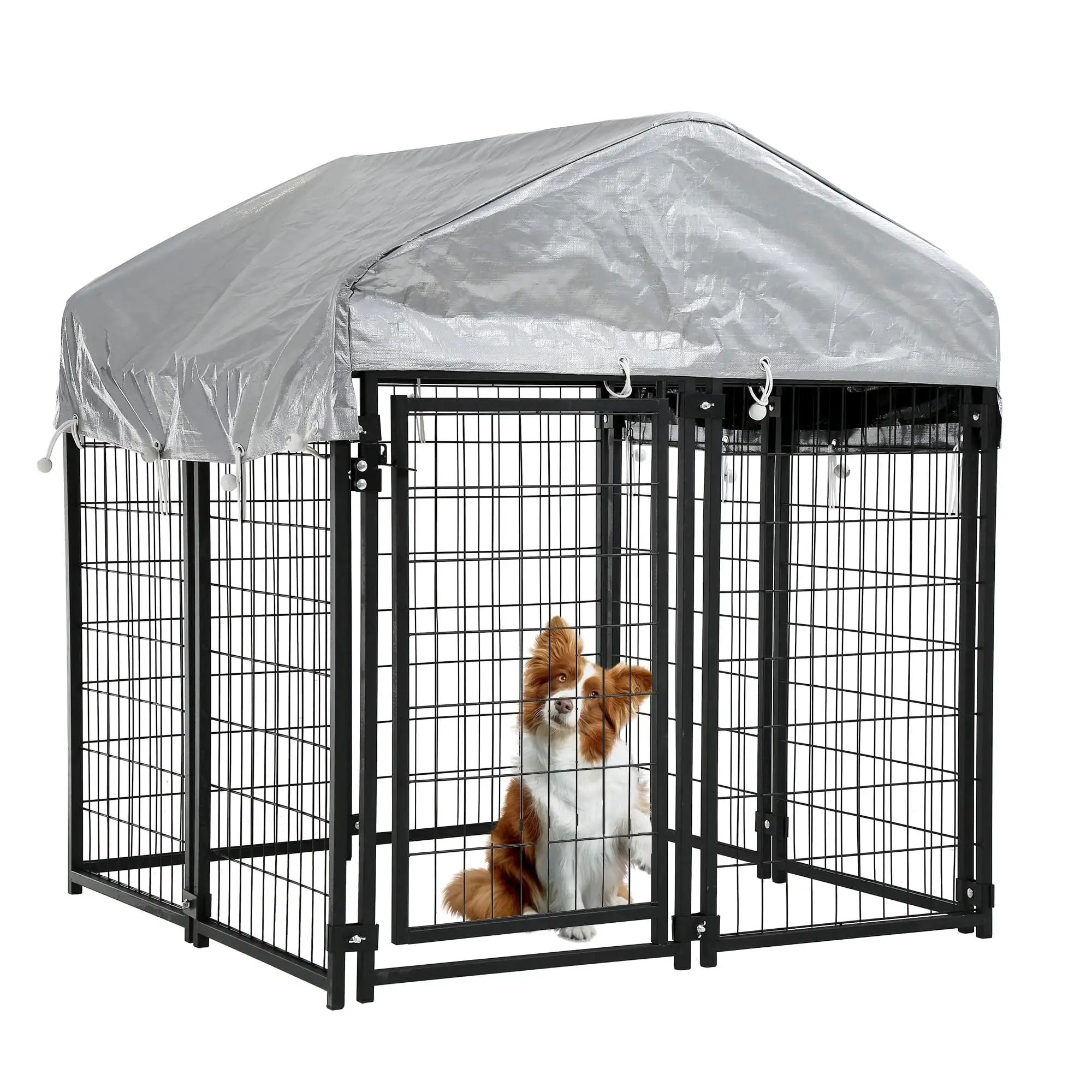 YRLLENSDAN 4 x 4 x 4.4 Ft Dog Kennel Outdoor Dog Pen Playpen House Heavy Duty Dog Crate Metal Galvanized Welded Pet Animal Camping Cage Fence with UV-Resistant Waterproof Cover and Roof