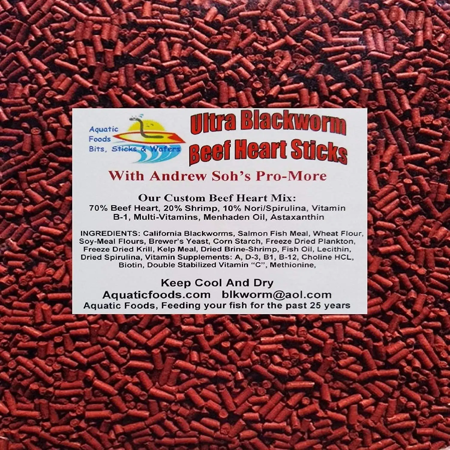 Aquatic Foods PRO-MORE Enhanced Blackworm / Beef Heart Mix Sinking Mini Bits for increasing Size & Girth in ALL Tropical Fish - 1/4-lb