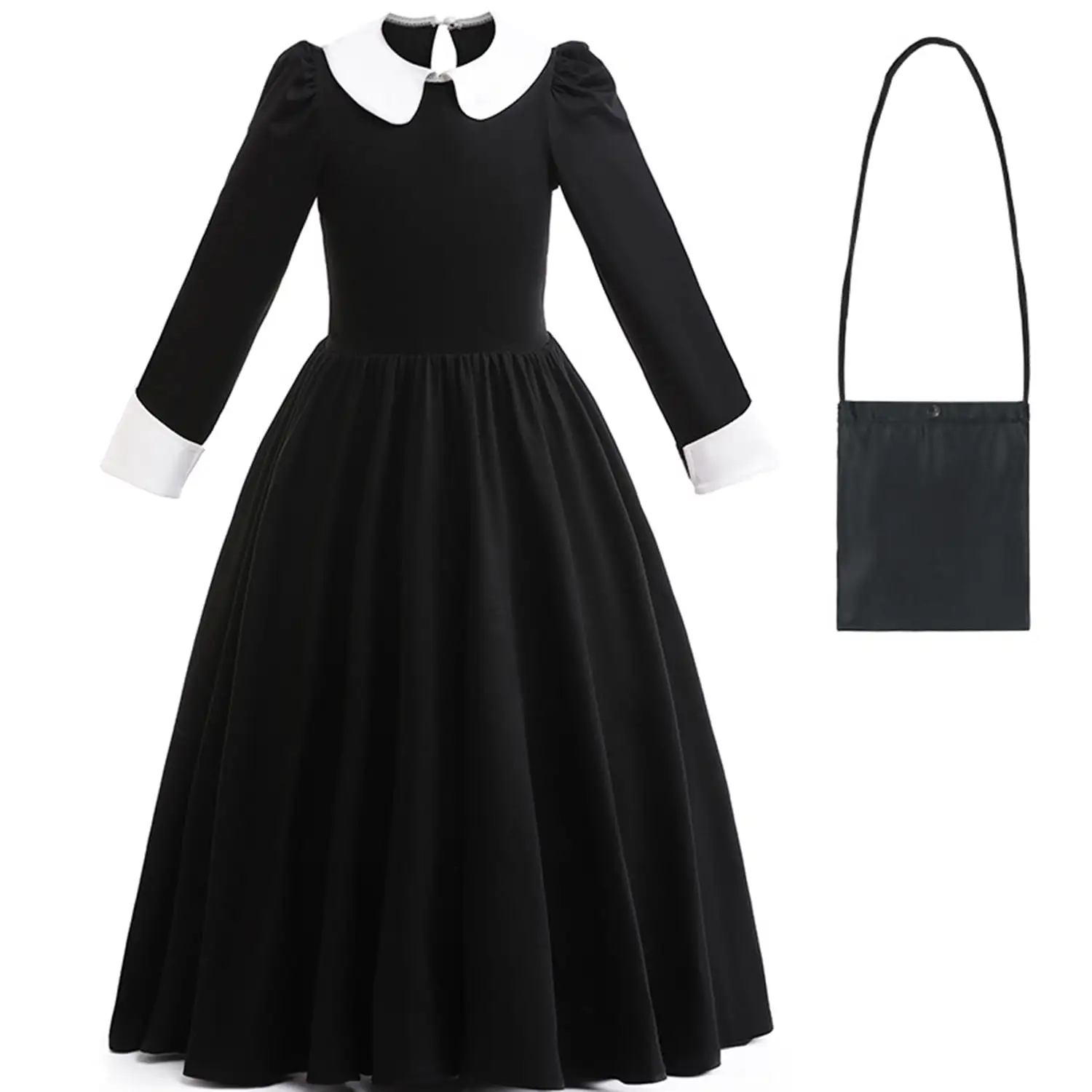 Girls Wednesday Addams Costume Dress with Black Bag Family Halloween Costumes Long Sleeve Cosplay Party