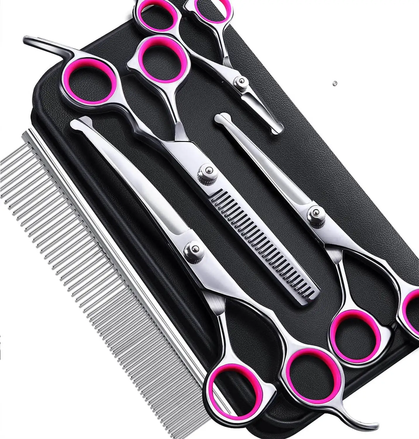 Professional Dog Grooming Scissors Kit. Heavy Duty 4CR Stainless Steel Safety Round Tip Dog Scissors Straight & Thinning & Curved Shears & Comb Set for Dog & Cat Grooming