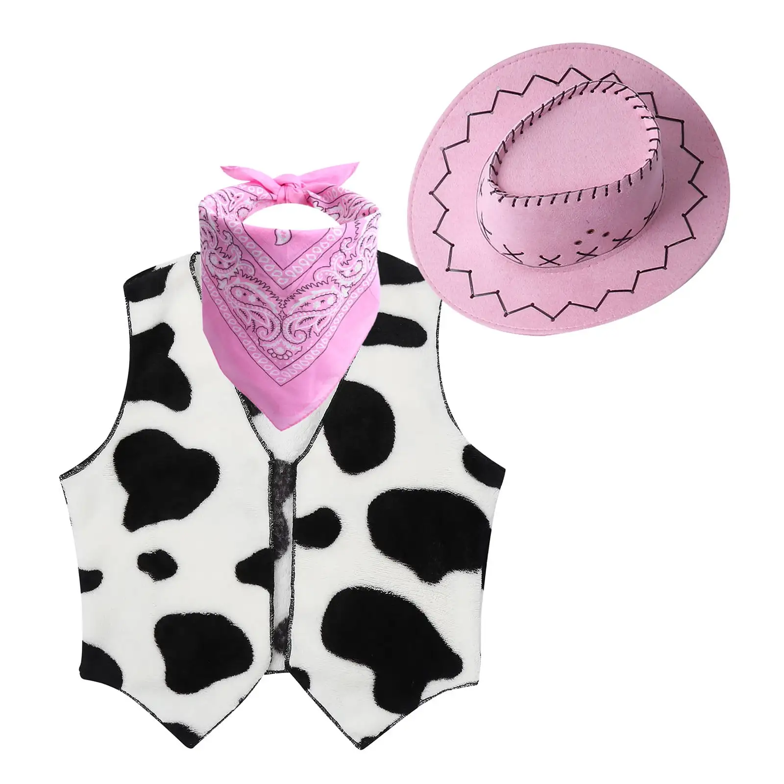 Alvivi Unisex Cowboy Cowgirl Costume Cow Printed Vest+Bandanna+Felt Hat 3Pcs 3-14