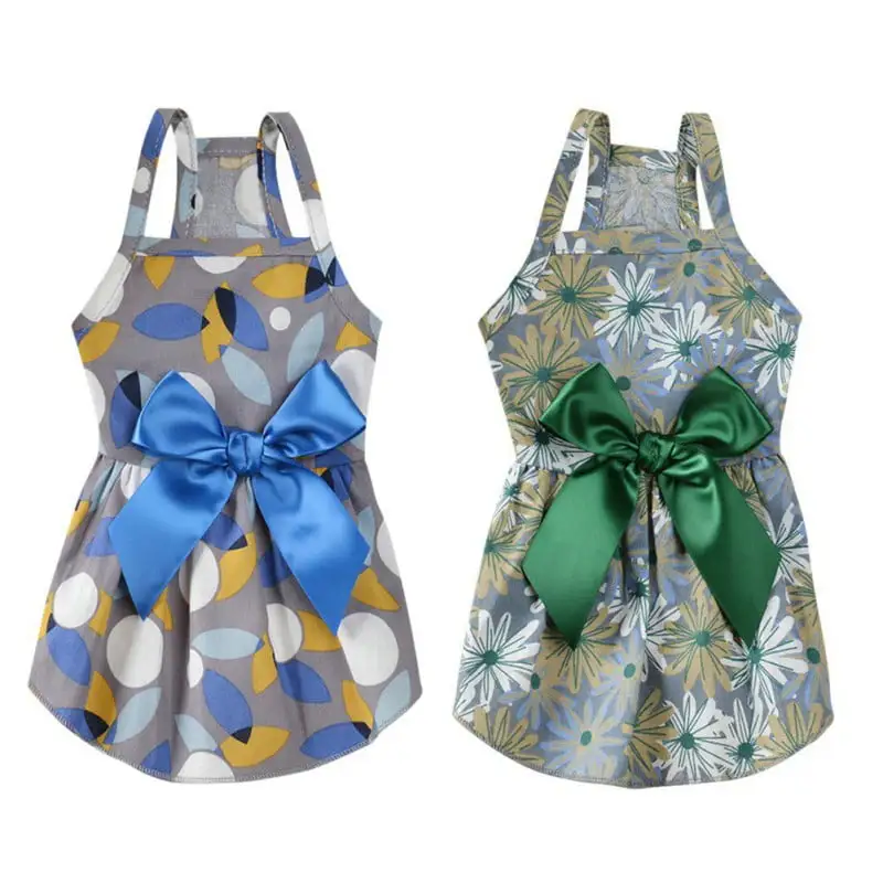 2 Pieces Dog Dress Girl Bowknot Floral Dress Cute Rosette Dog Sundress Dog Princess Dresses for Small Pet Puppy Dogs and Cats (Flower Pattern.L)