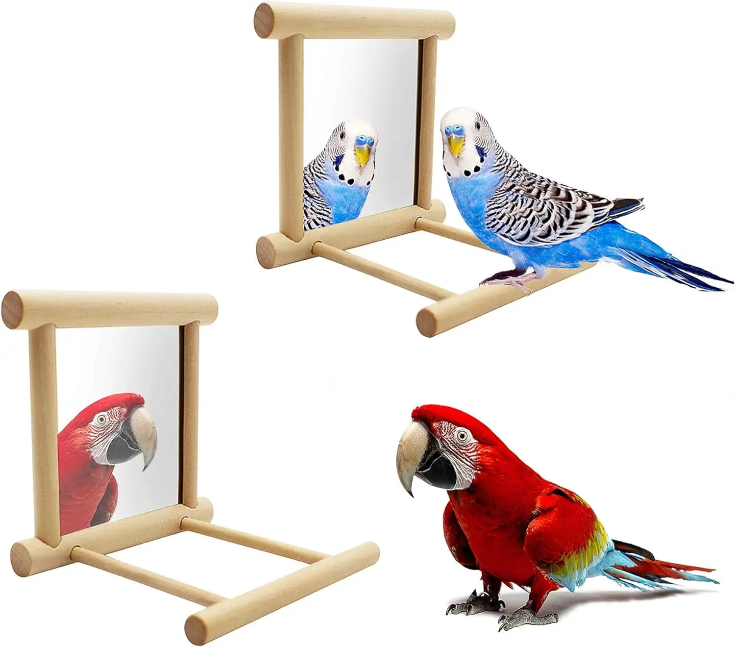 1Pc/2Pcs Bird Parakeet Mirror for Cage. Parrot Perch Stand.Wooden Hummingbird Swing Toy.Parakeet Accessories