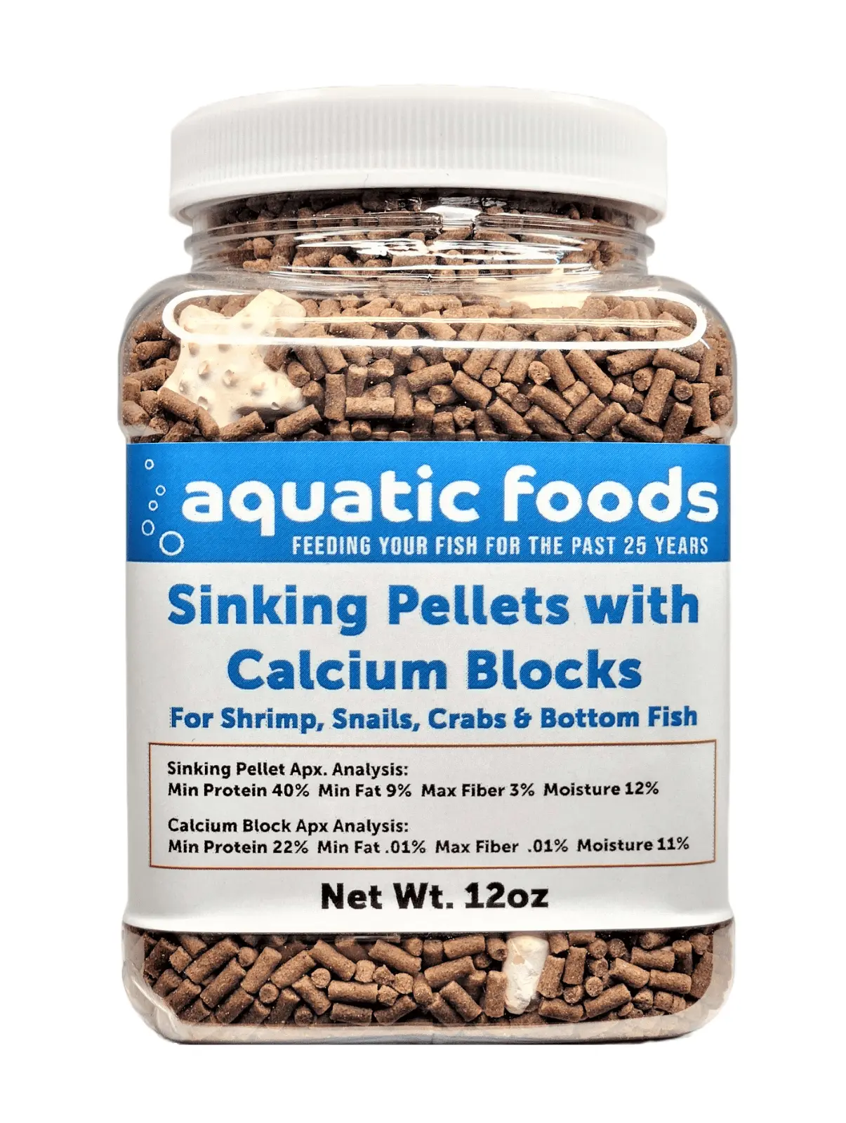 Calcium Blocks included in these Shrimp Pellets 40% Protein Sinking Pellets. 1/16 x 3/8 Pellets for Shrimp. Snails. Crabs. Catfish. Plecos for All Tropical Fish. Pellets by Zeigler..12oz Small Jar