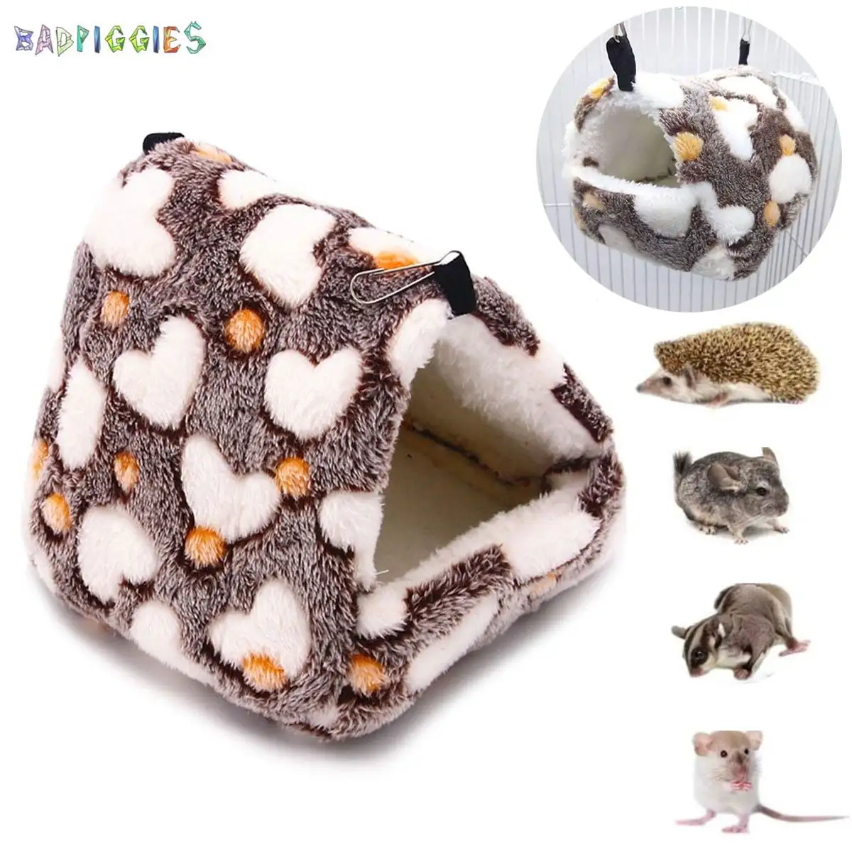 BadPiggies Hamster Love Pattern Hammock Warmth Bed Cage Cotton Nest Mat for Birds Squirrel Hedgehog Guinea Totoro Chinchilla Rat (S. Coffee)