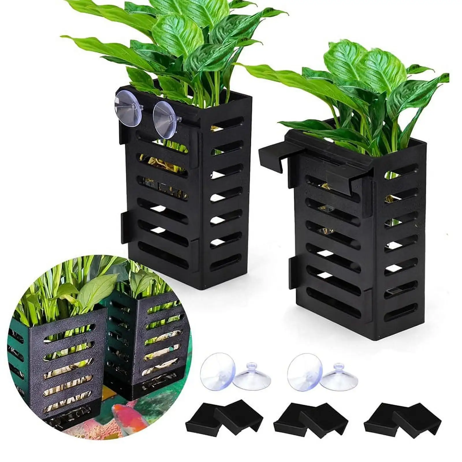 2 Pack Aquarium Plant Holder with Hooks and Suction Cups. Hanging Aquatic Planter Cups for