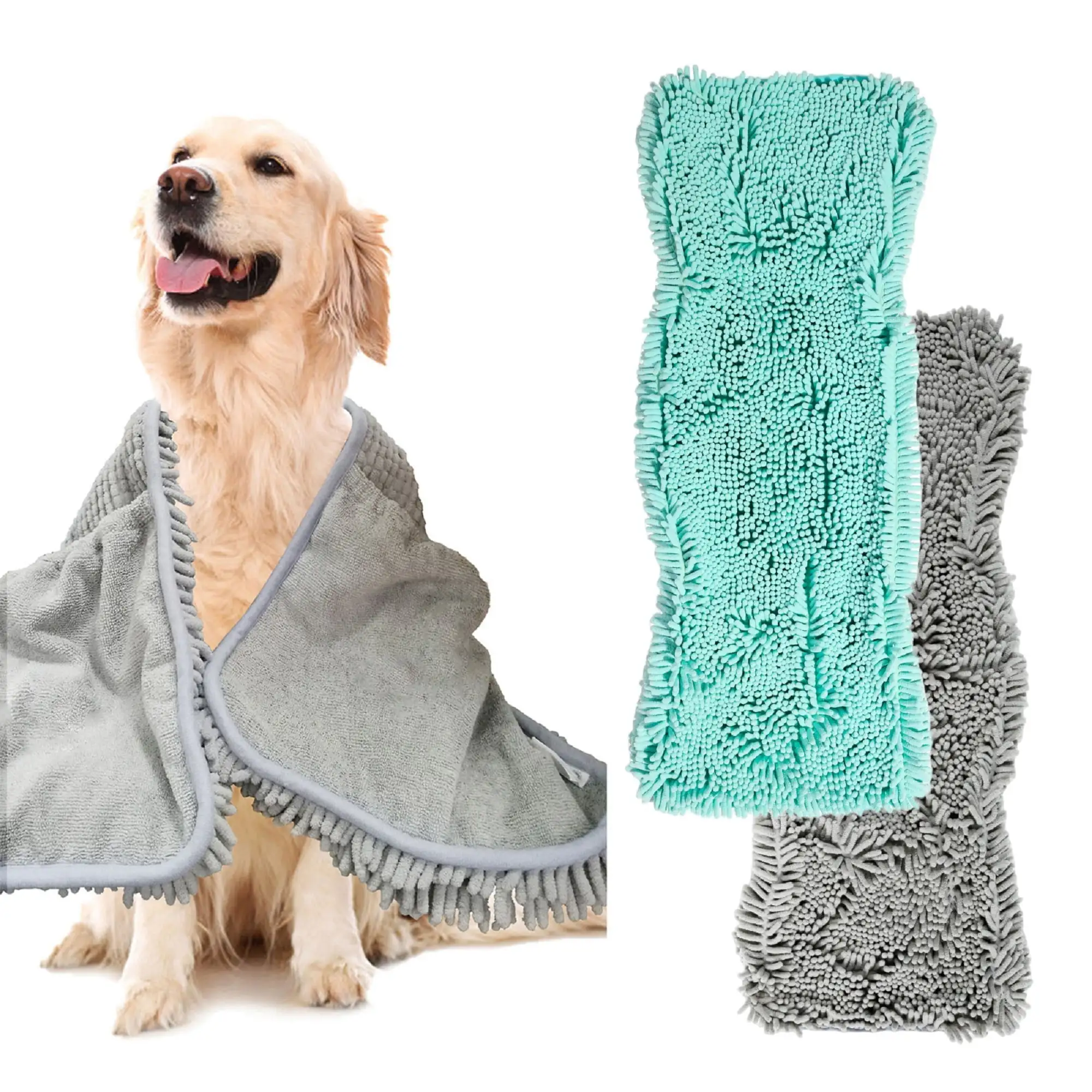 2 Pack Luxury Absorbent Dog Towels. (35x15) Extra Large Microfiber Quick Drying Dog Shammy with Hand Pockets Pet Towel for Dog and Cat. Machine Washable (Grey?)