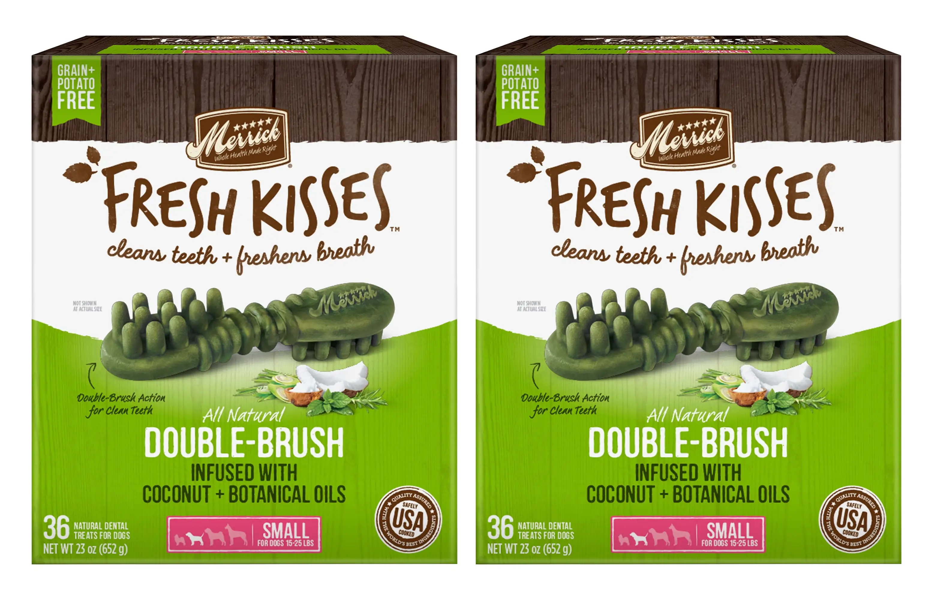 (2-Pack) Merrick Fresh Kisses Coconut + Botanical Oils Dental Dog Treats For Small Dogs. 36 Brushes. 23 oz