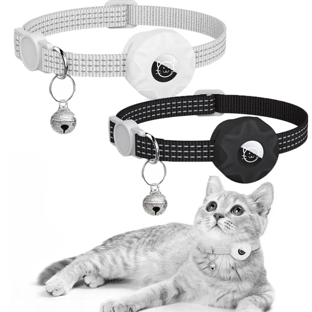 2 Pcs Adjustable Cat Collar with Airtag Case Holder and Bell Nylon Reflective Lost Positioning Tracker Anti-Lost Locator GPS Cat Collar Lightweight Tracker Cat Collars