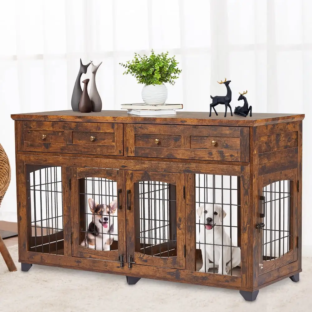 2 Rooms Dog Crate Furniture with Openable Partition.58 Wooden Dog Crate Table with 2 Drawers.5-Doors Dog Furniture.Indoor Dog Kennel.Dog House.Dog Cage.TV Stand