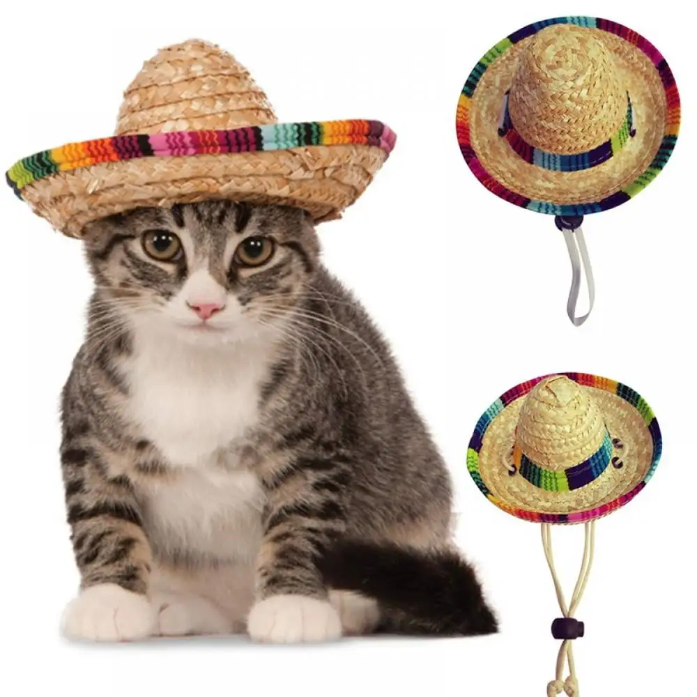 2 Types Pet Woven Straw Hat Costume for Dogs Adjustable Sun Hat for Small Dogs and Cats to Act Cute