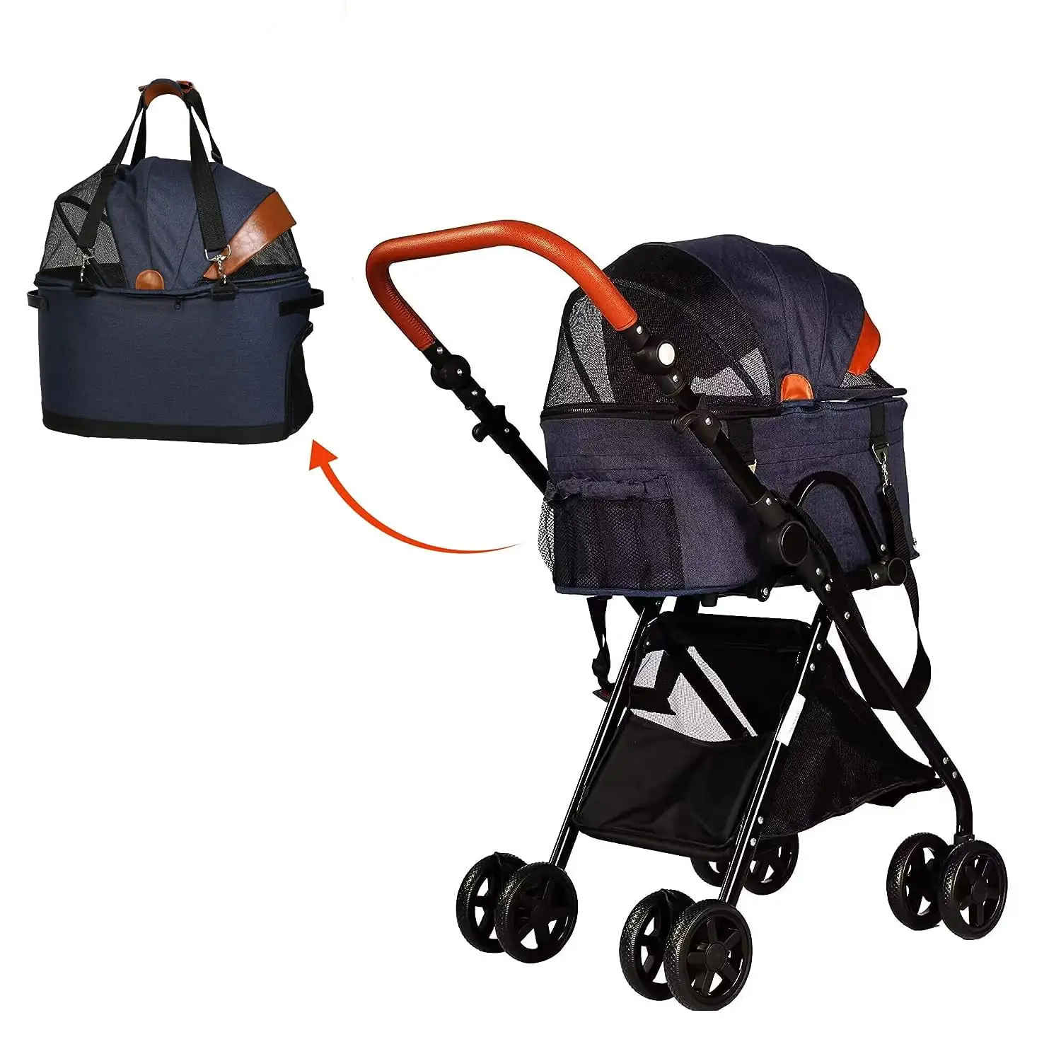 2-in-1 Foldable Pet Travel Stroller with 4 Wheels & Removable Carrier. Detachable Pet Cart for Small Dog/Cat. Portable Waterproof Jogging Carrier Cage with Storage Basket & Adjustable Handle