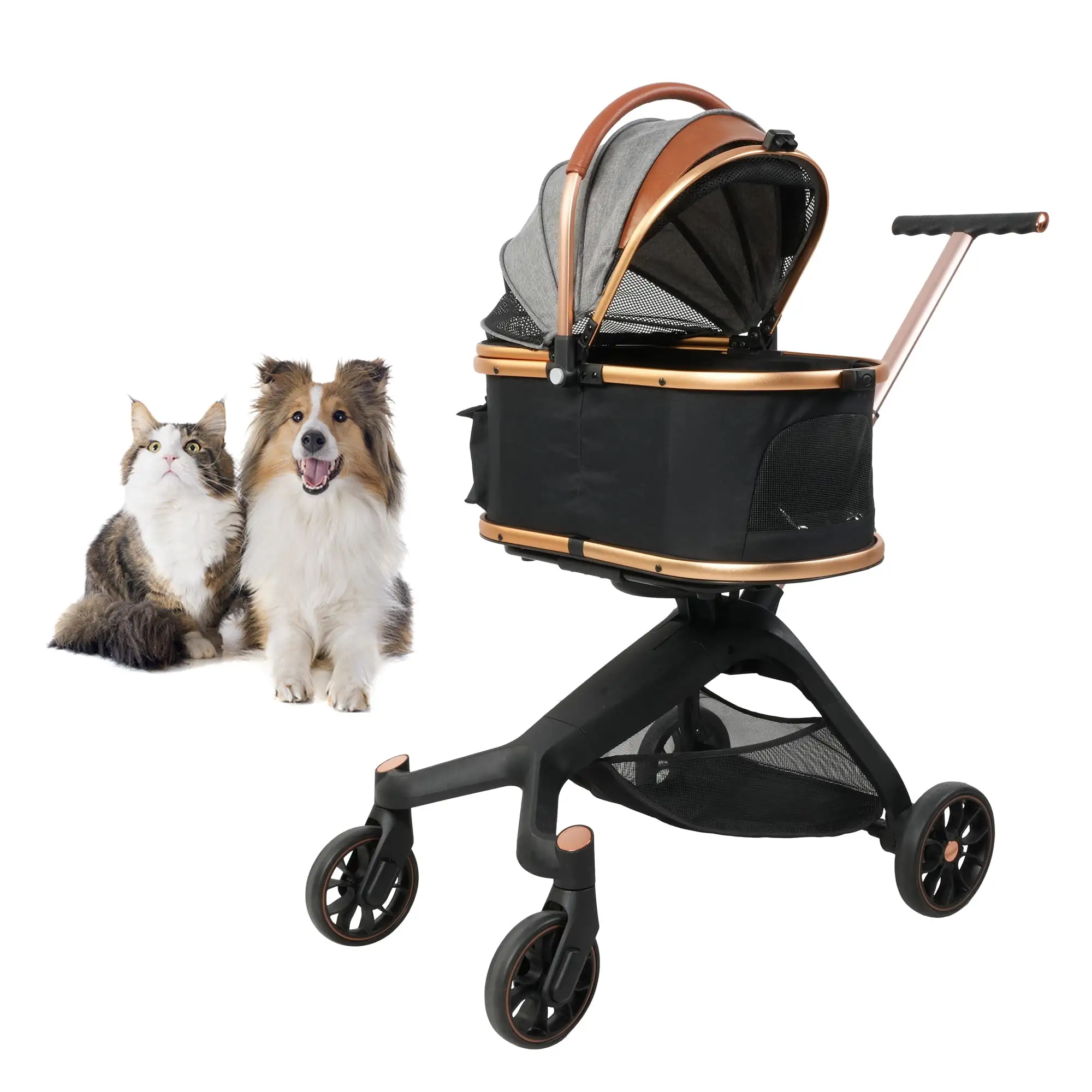 2-in-1 Multifunction Pet Stroller Detachable Carrier. Portable Travel Dog Stroller with Aluminum Alloy Frame Carriage. Folding Pet Stroller with Storage Basket & Cup Holder for Small Medium Dogs Cats