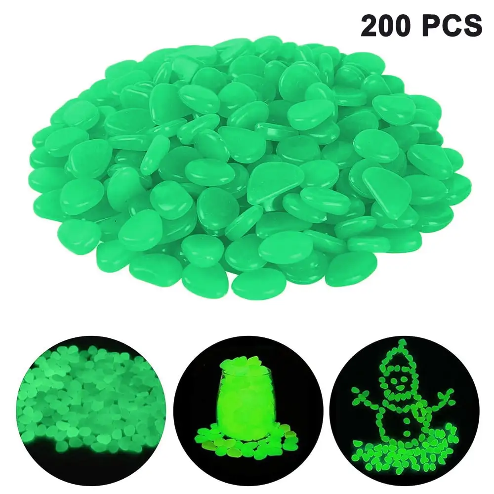 200 Pcs. Glow In The Dark Pebbles - Indoor Outdoor Zen Garden Stones. Moonlight Yard Plant Decorations. Fish Tank Aquarium Rocks. Solar Backyard LED Patio Decor Grass green