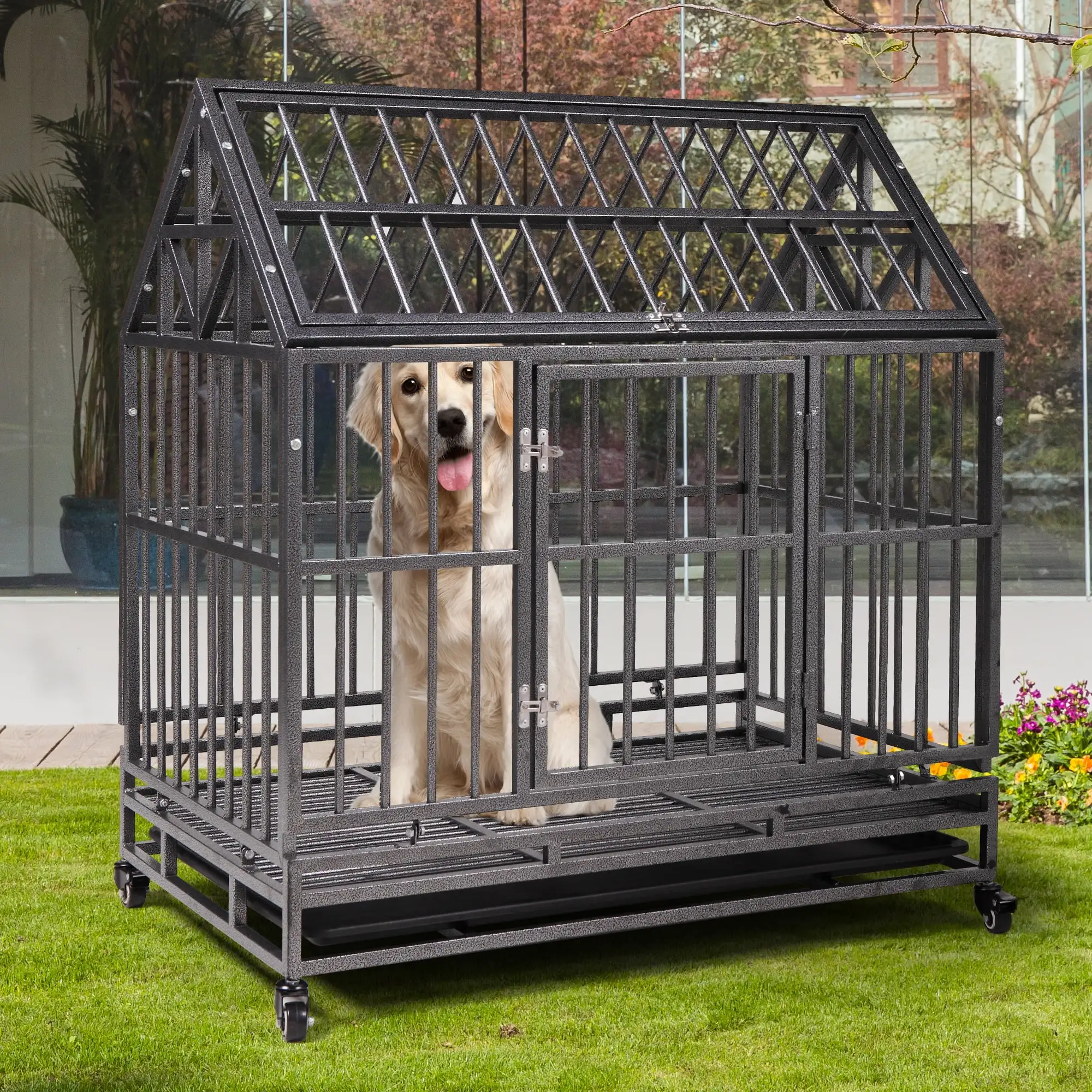 Seizeen 37 Large Dog Crate. Heavy Duty Dog Kennel for Inside Outside. Black Pets Cage with Metal Tray. Double Doors and Locks Design