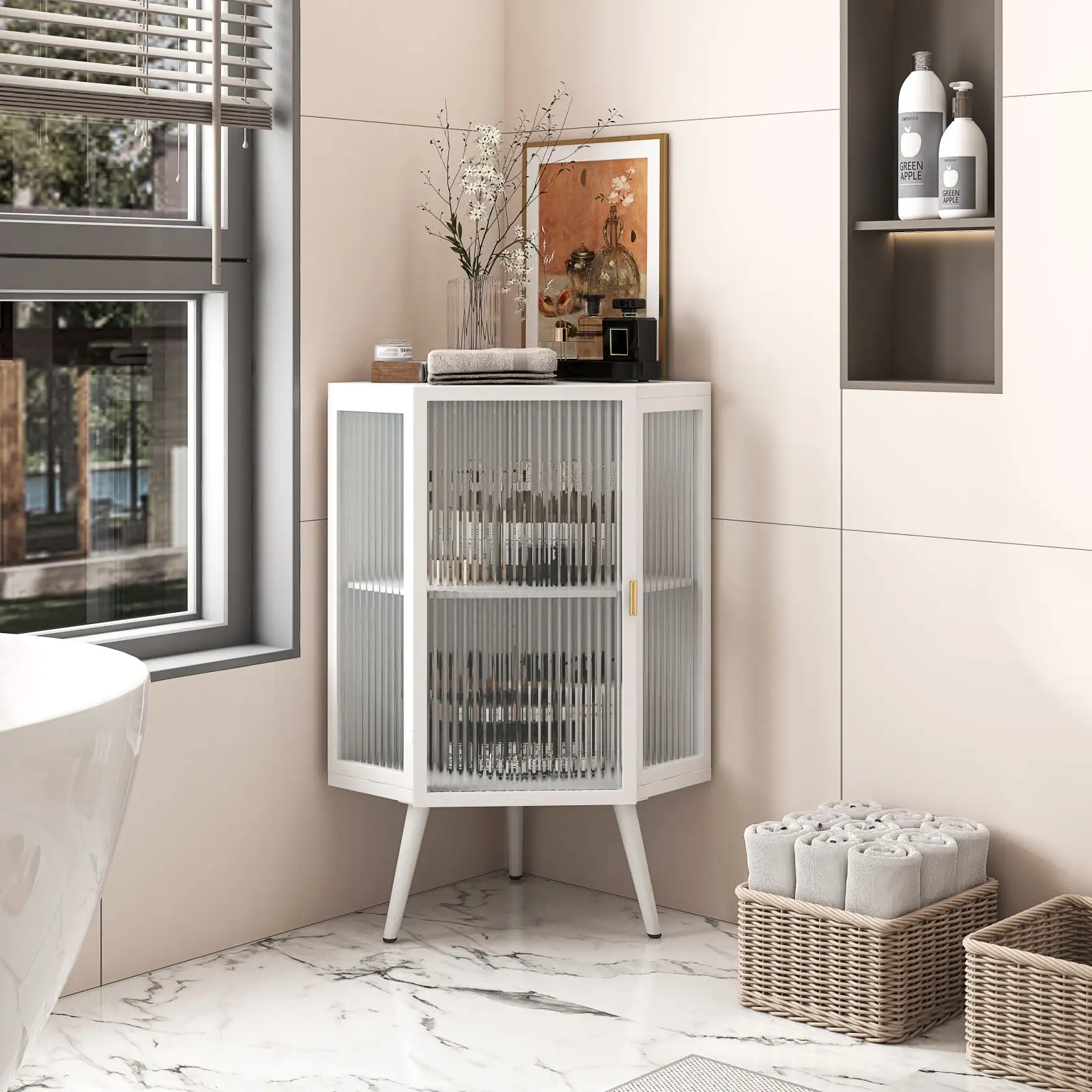 22.25 Floor Storage Cabinet. Multifunctional Storage Cabinet with Tempered Glass Door and Adjustable Shelf. Corner Storage Cabinet for Bathroom. Kitchen. Living Room. Corridor. White