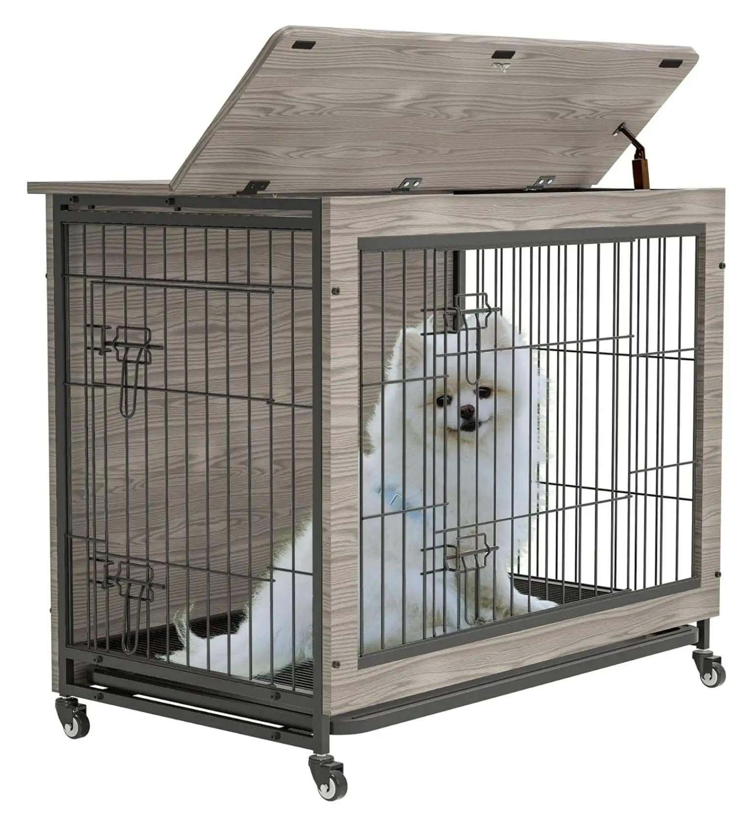 23.6 Dog Crate Furniture with Cushion and Wheels Wooden Dog Crate Table Double-Doors Dog Furniture Dog Kennel Indoor for Small Dog. Dog House. Dog Cage Small Grey 23.6 L X 20 W X 26 H