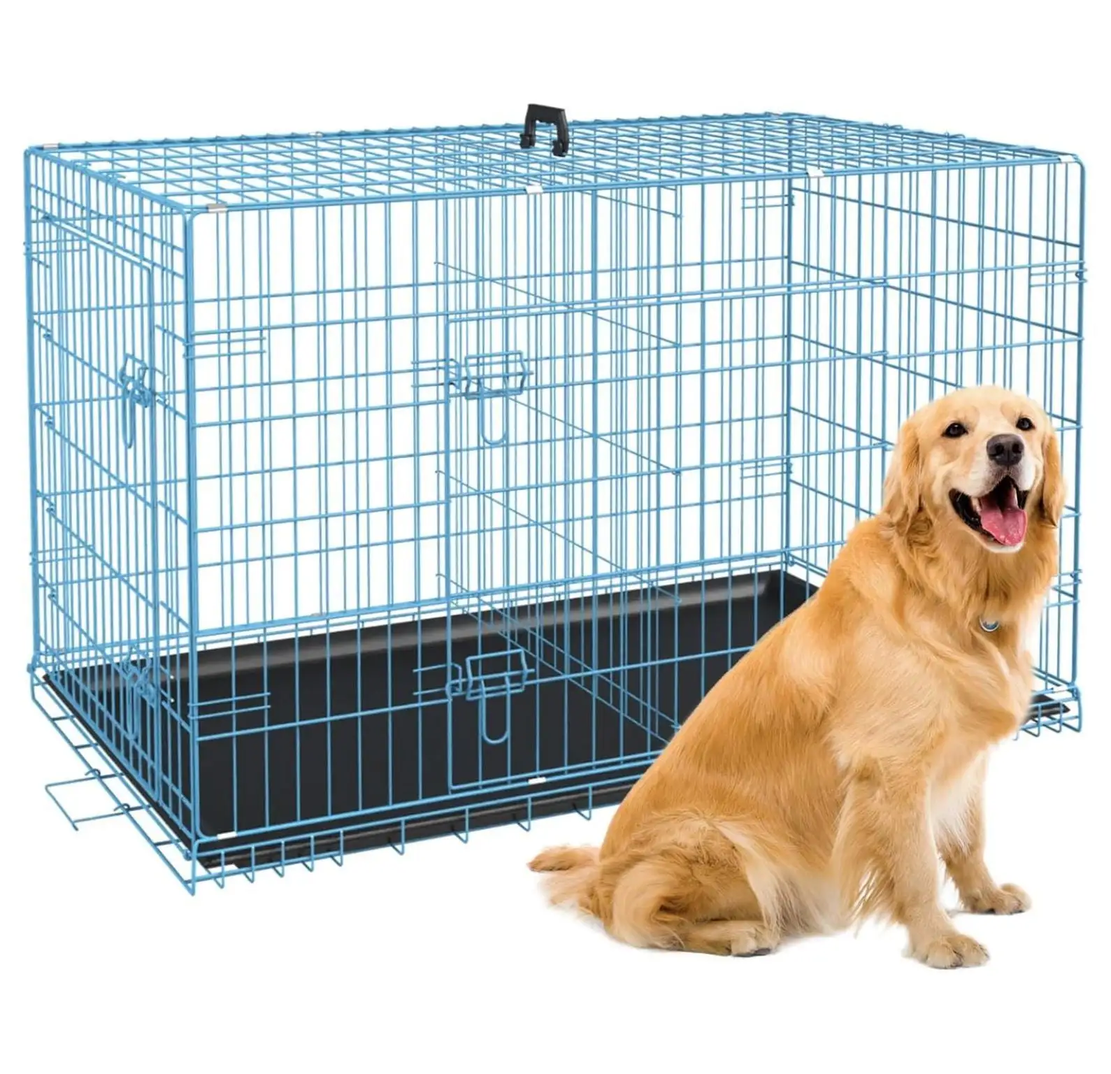 24.30.36.42. Inch Dog Crates for Large Dogs Folding Mental Wire Crates Dog Kennels Outdoor and Indoor Pet Dog Cage Crate with Double-Door.Divider Panel. Removable Tray (Blue. 42)