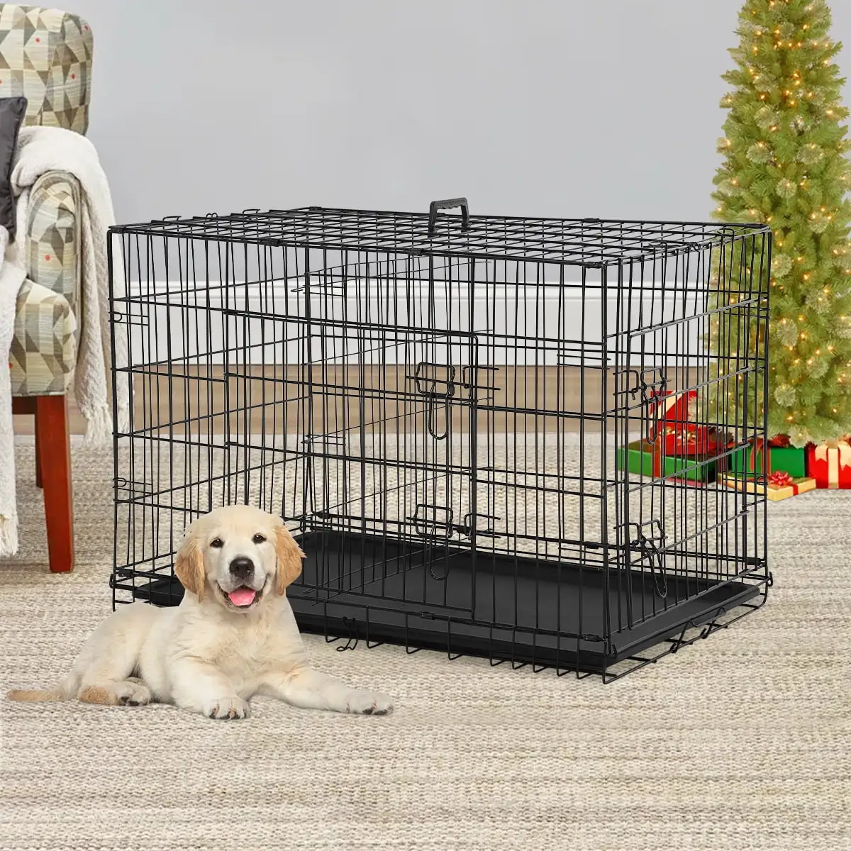 24 Inch Dog Crate for Small Dogs. Folding Metal Wire Crates Dog Kennels Outdoor and Indoor Pet Crate with Double-Door. Black