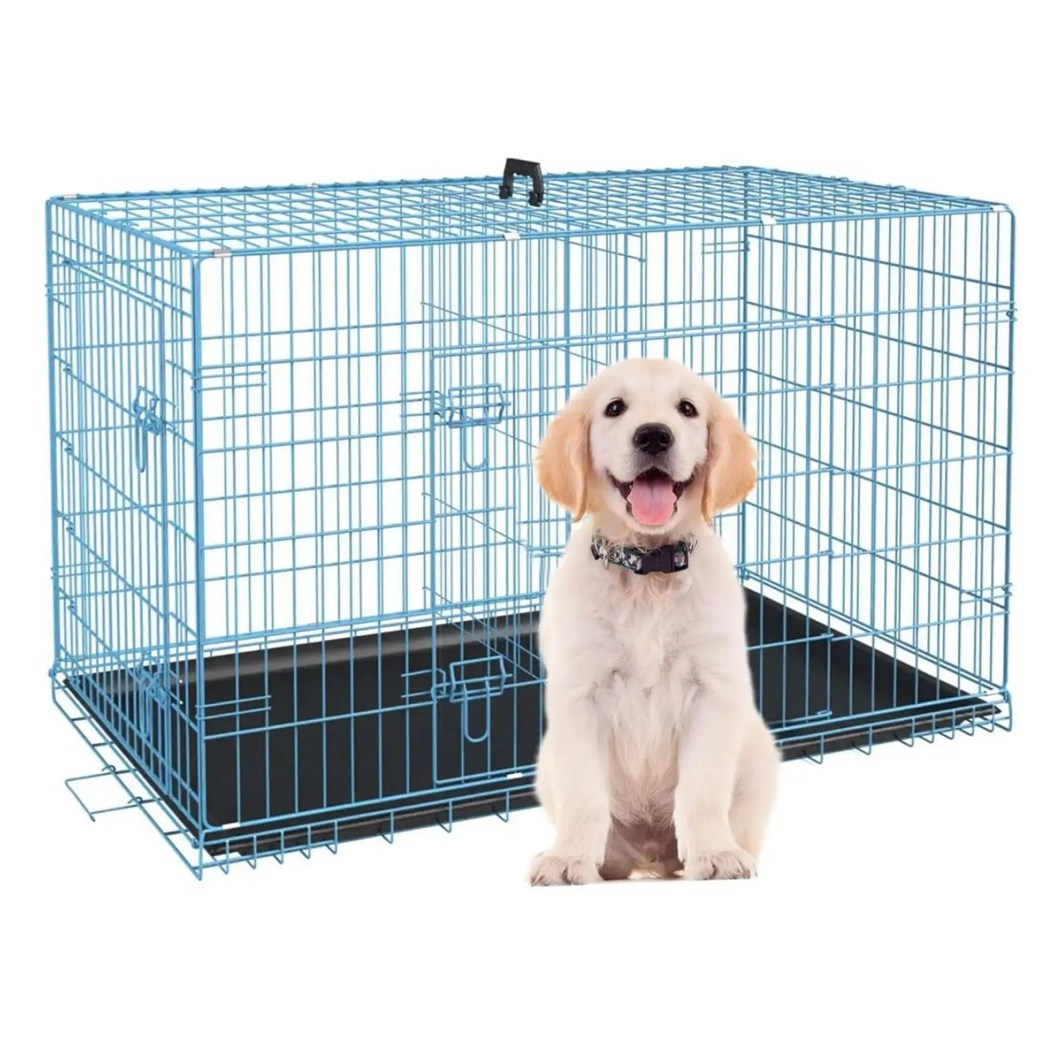 24 Inch Small Dog Crate. Heavy Duty Dog Crates for Small Dogs. Metal Wire Folding Dog Cage with Removable Trays. Locks. Double-Door. Divider Panel. Handle. Puppy Crate Pet Crate (24 in. Blue)