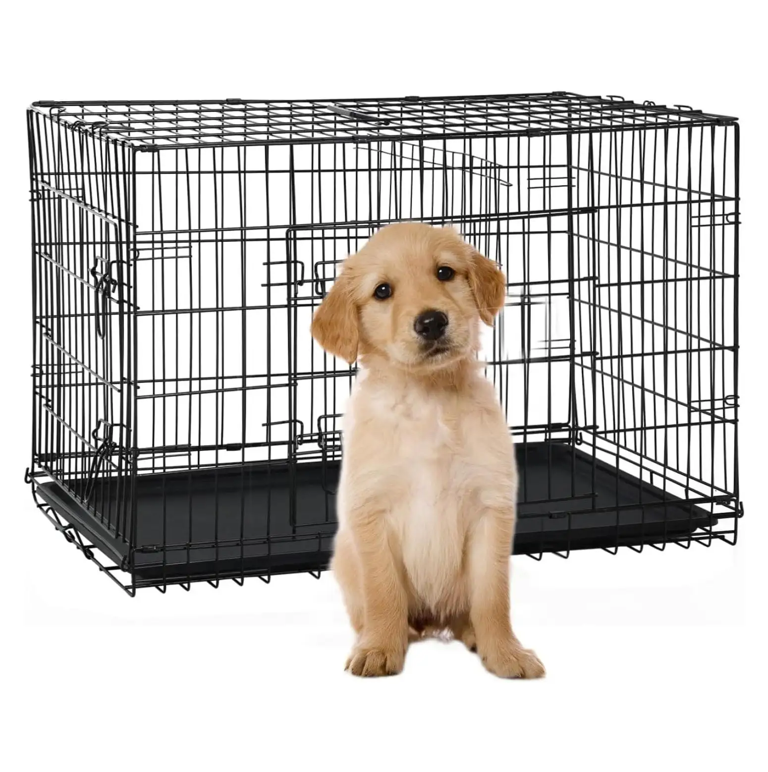 24 Inch Small Dog Crate. Dog Kennel Metal Wire Folding Dog Crates for Small Dogs. Dog Cage with Double-Door. Divider Panel. Locks. Trays. Wire Crates for Dogs(24 in. Black)