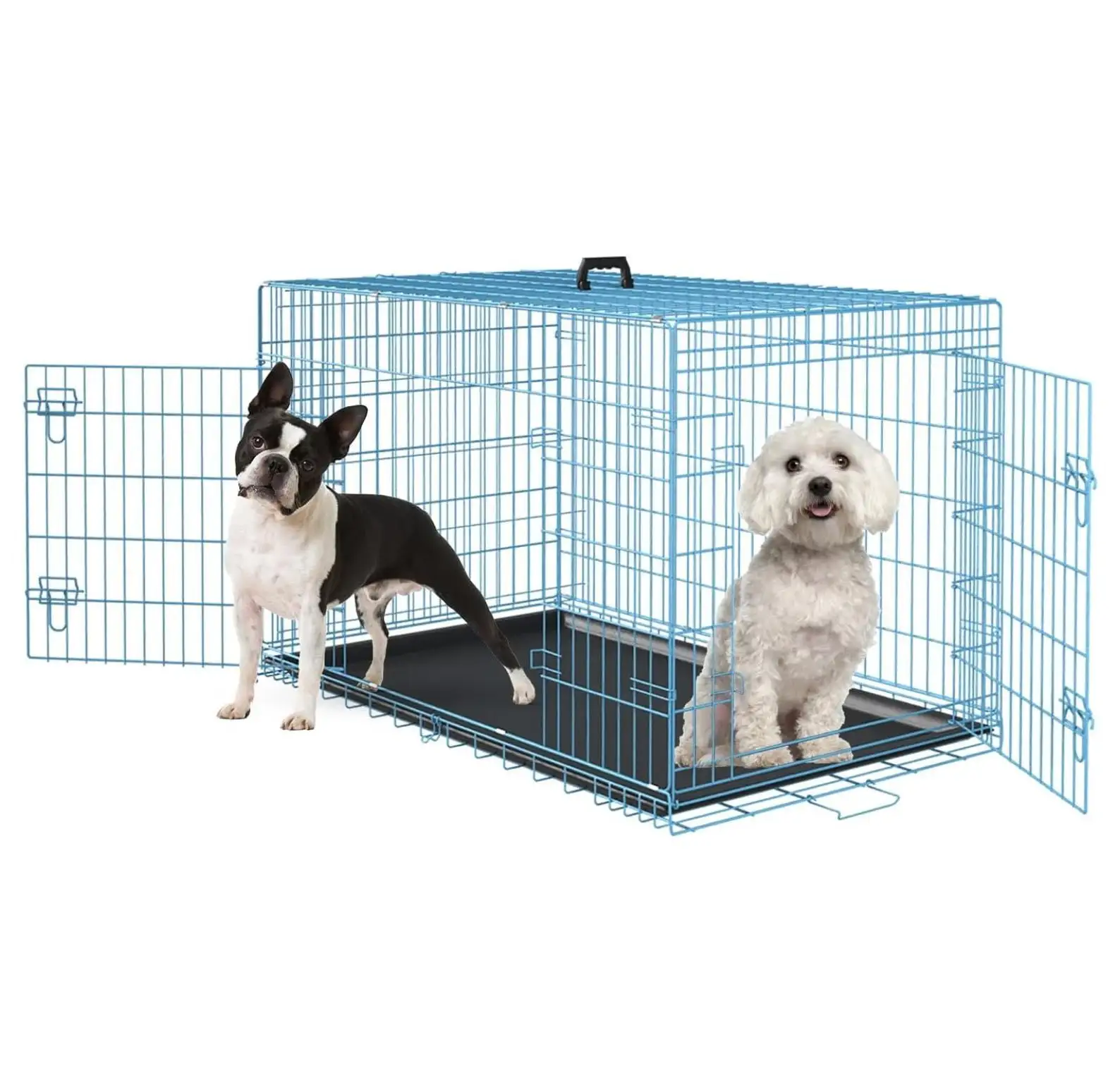 24 Inches Dog Crate Large Foldable Dog Kennel Metal Wire Pet Dog Cage with Double-Door Leak-Proof Tray Divider Panel and Handle for Dog Cat Pet.Blue 24X18.5X16.5