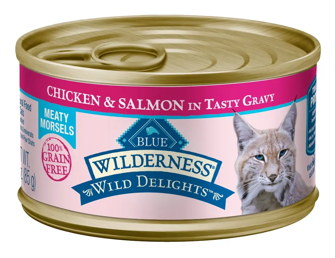 (24 Pack) Blue Buffalo Wilderness Chicken & Salmon Meaty Morsels Grain Free Wet Cat Food. 3 oz. Cans. 24 Pack