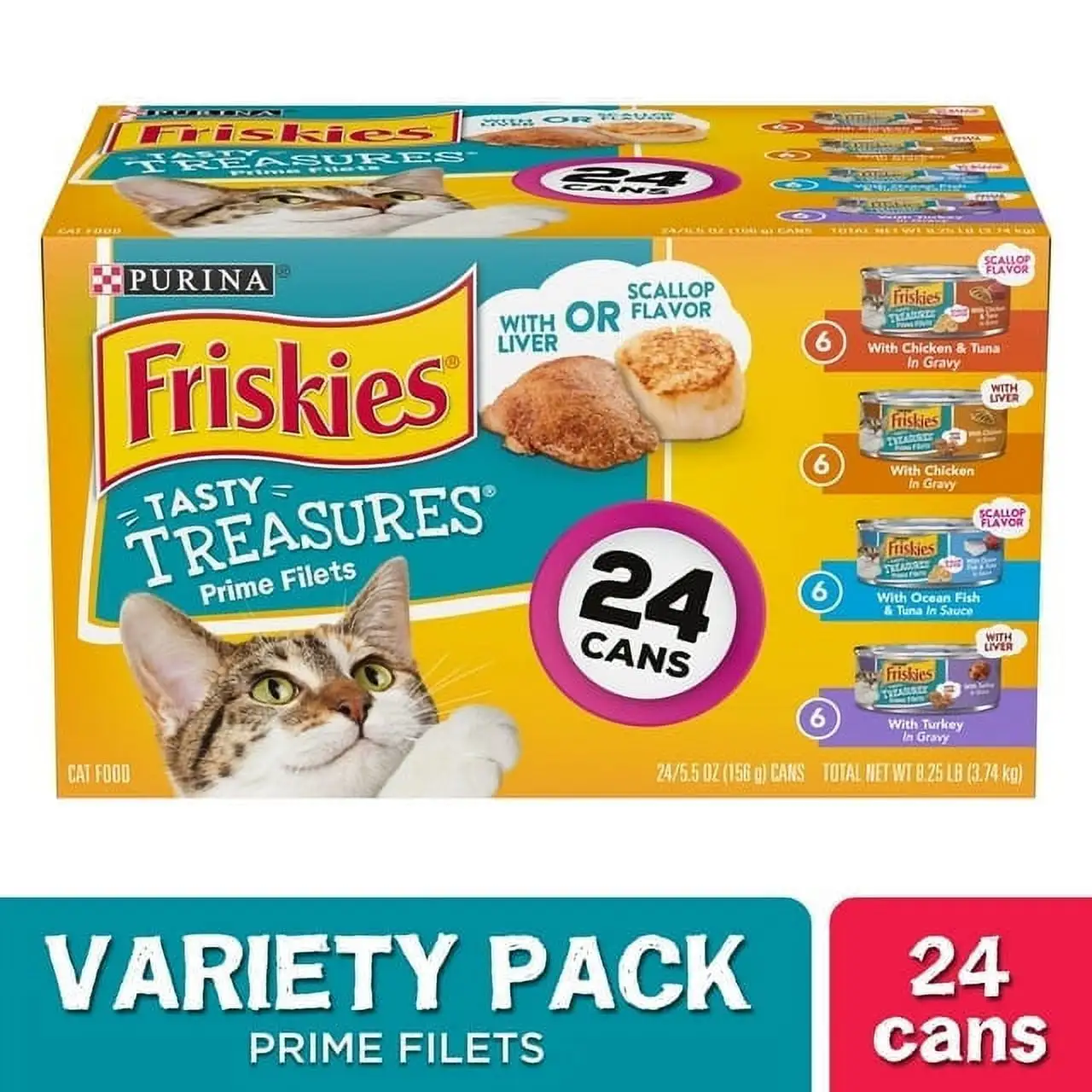 (24 Pack) Friskies Gravy Wet Cat Food Variety Pack. Tasty Treasures Prime Filets. 5.5 oz. Cans