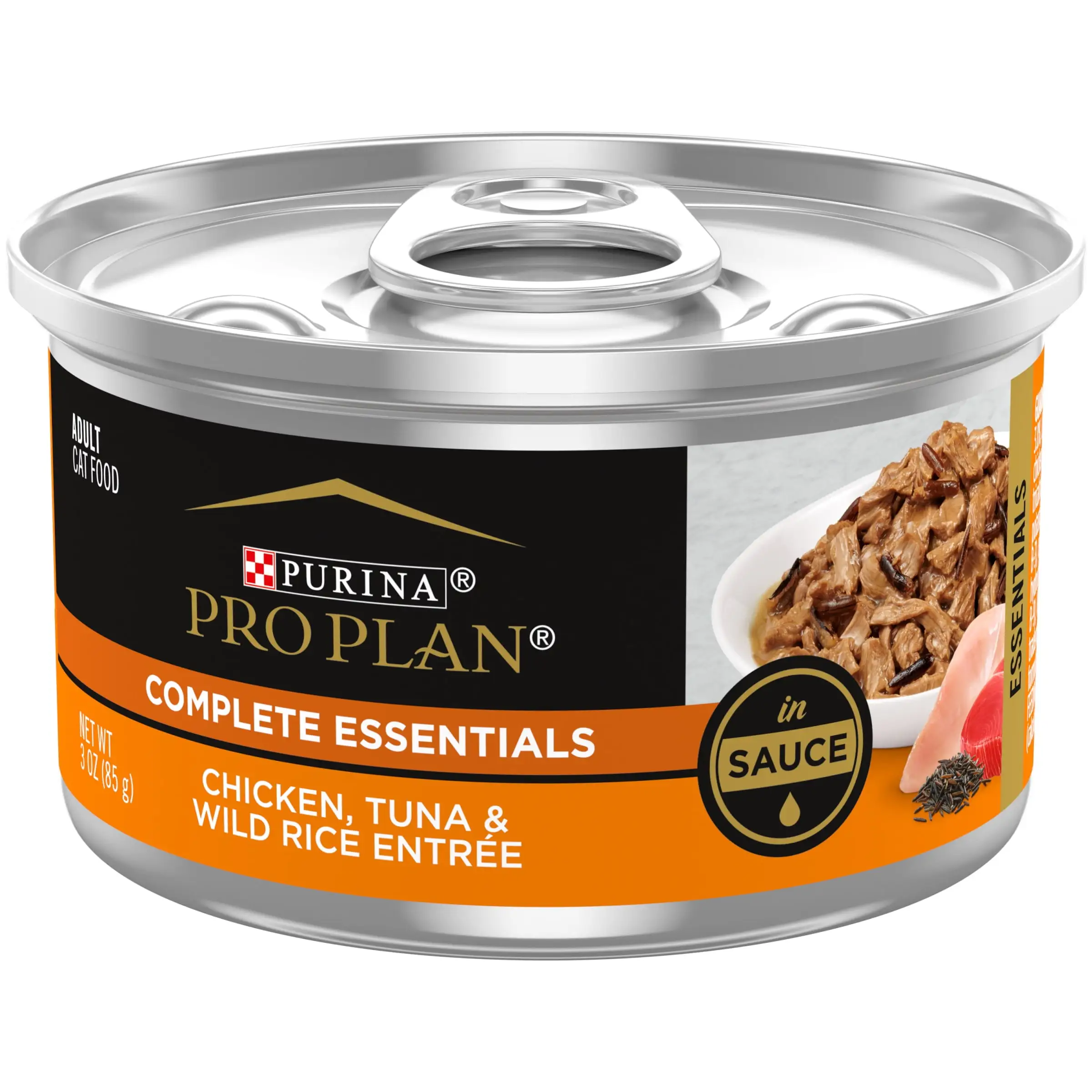 (24 Pack) Purina Pro Plan Gravy Wet Cat Food. COMPLETE ESSENTIALS Chicken. Tuna & Wild Rice Entree in Sauce. 3 oz. Pull-Top Cans